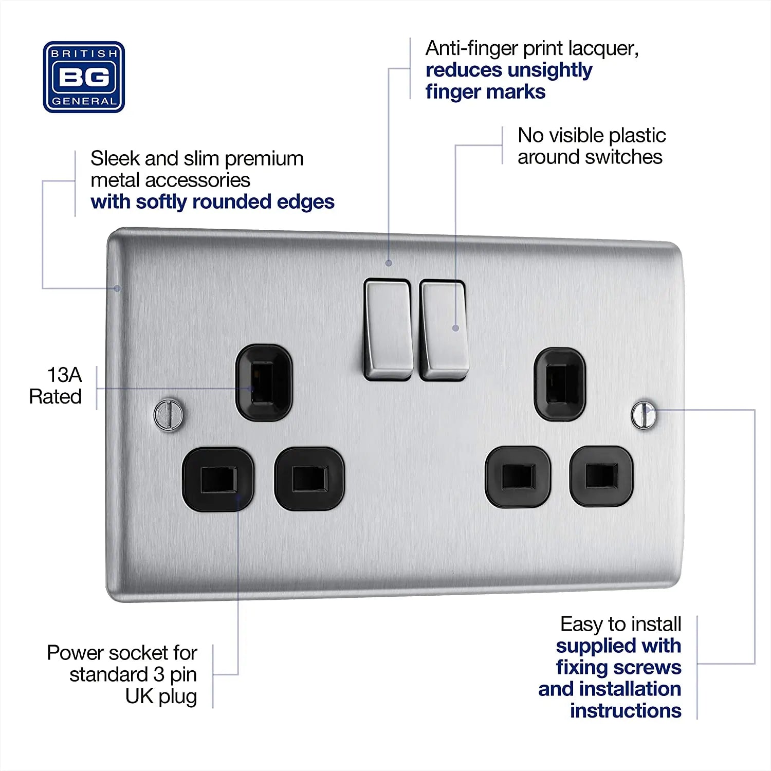 BG Nexus Metal Double Socket in Brushed Steel with Black Inserts - NBS22B-01 BG (British General)