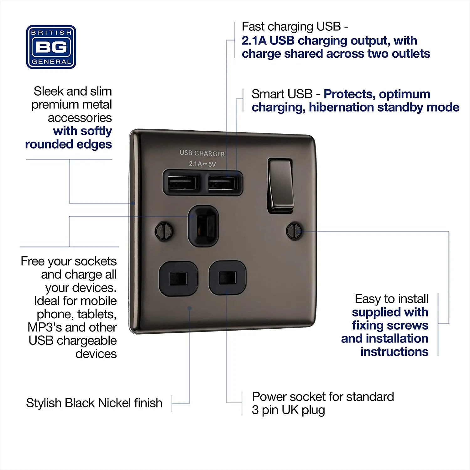 BG Nexus Metal USB Single Socket in Black Nickel with Black Inserts - NBN21U2B-01 BG (British General)