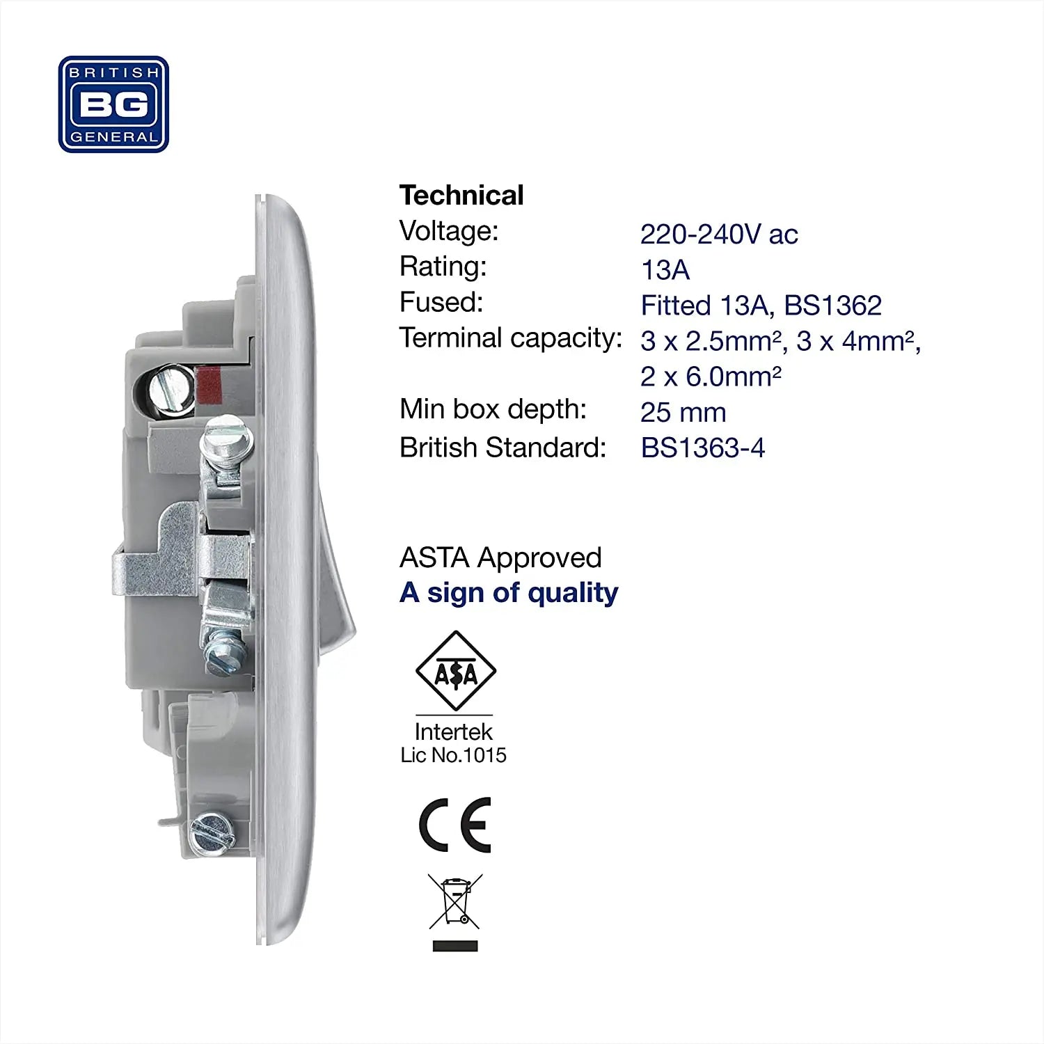 BG Nexus Metal Switched Fused Spur with Flex Outlet & Neon in Brushed Steel - NBS53-01 BG (British General)