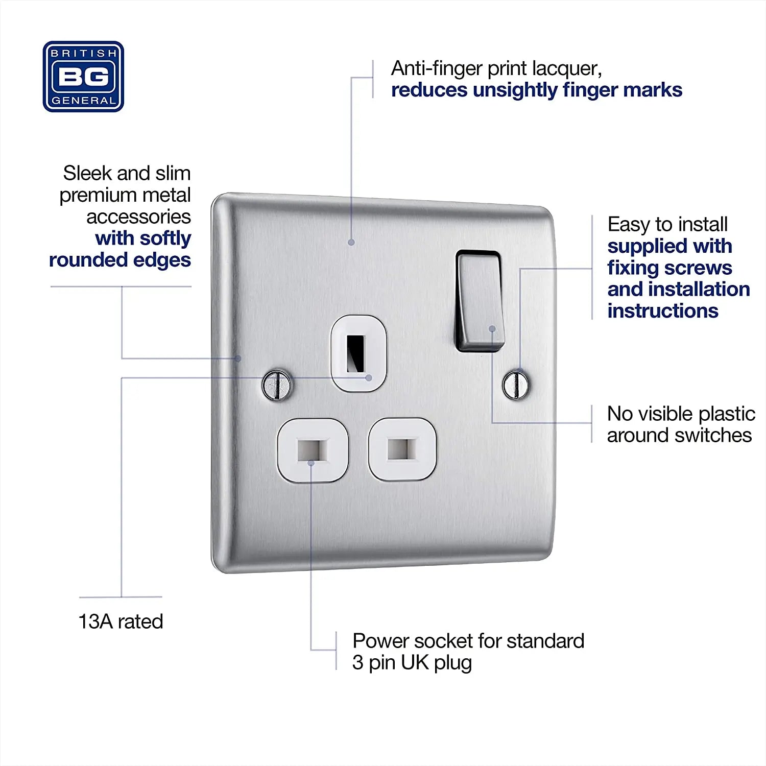 BG Nexus Metal Single Socket in Brushed Steel with White Inserts - NBS21W-01 BG (British General)