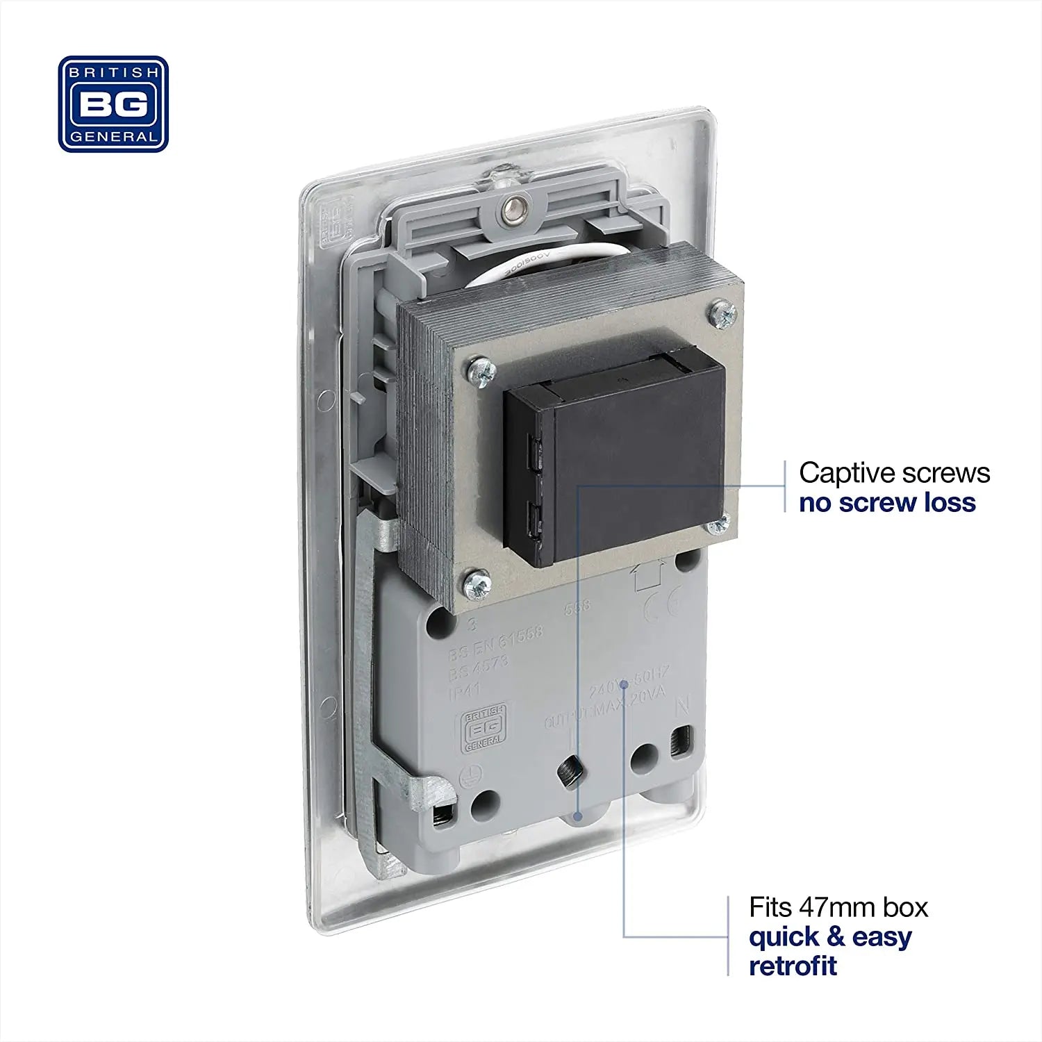 BG Nexus Metal Dual Voltage Shaver Socket in Brushed Steel with Grey Inserts - NBS20G-01 BG (British General)