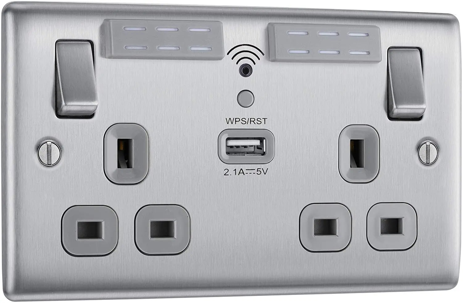 BG USB Wifi Double Socket in Brushed Steel with Grey Insert - NBS22UWRG−01 BG (British General)