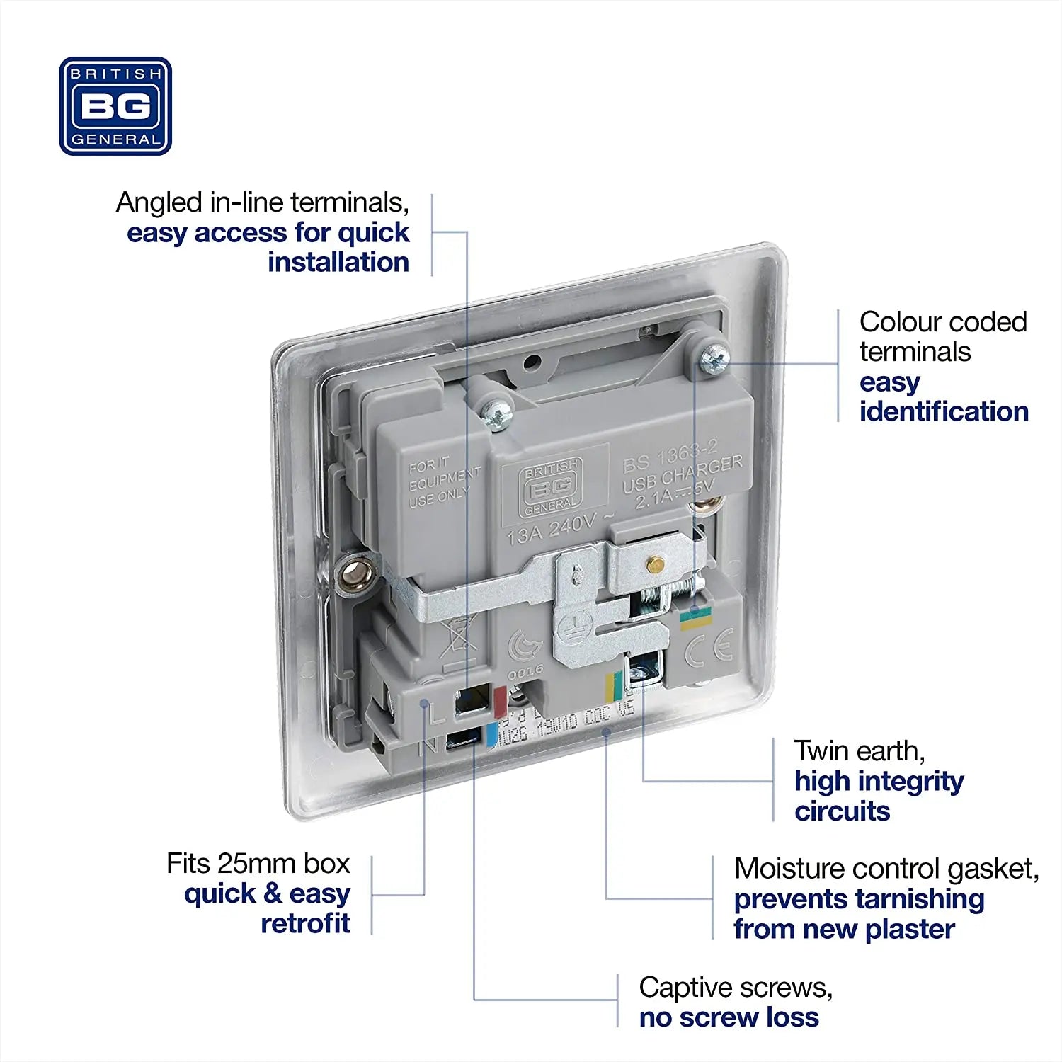 BG Nexus Metal Fast Charging Switched Single Socket with Two Charging USB Ports in Brushed Steel with Grey Inserts - NBS21U2G-01 BG (British General)