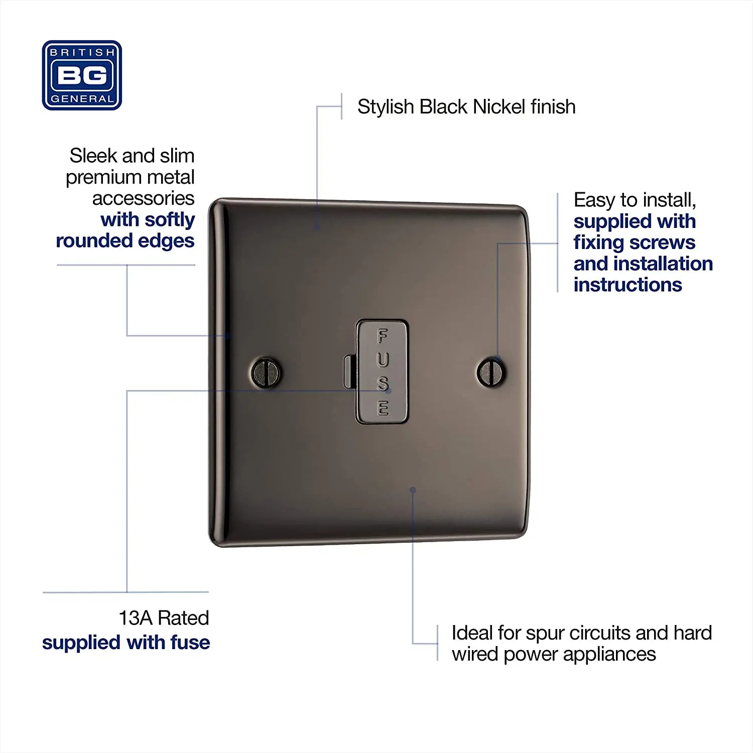 BG Nexus Metal Un-Switched Fused Spur in Black Nickel - NBN54-01 BG (British General)