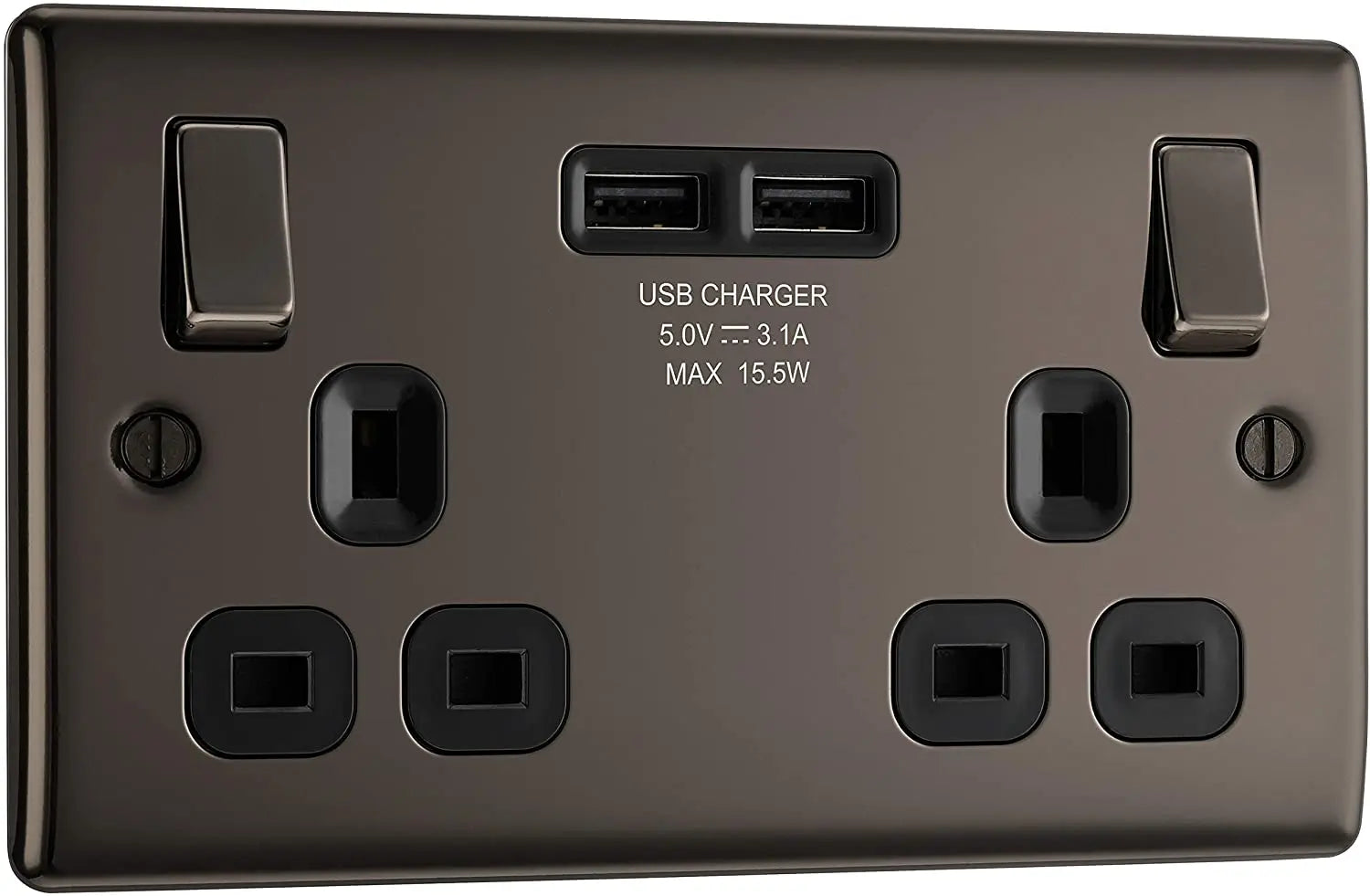 BG Electrical Nexus Metal USB Double Switched Socket Fast Charging Power with Two USB Charging Ports in Black Nickel with Black Inserts - NBN22U3B BG (British General)