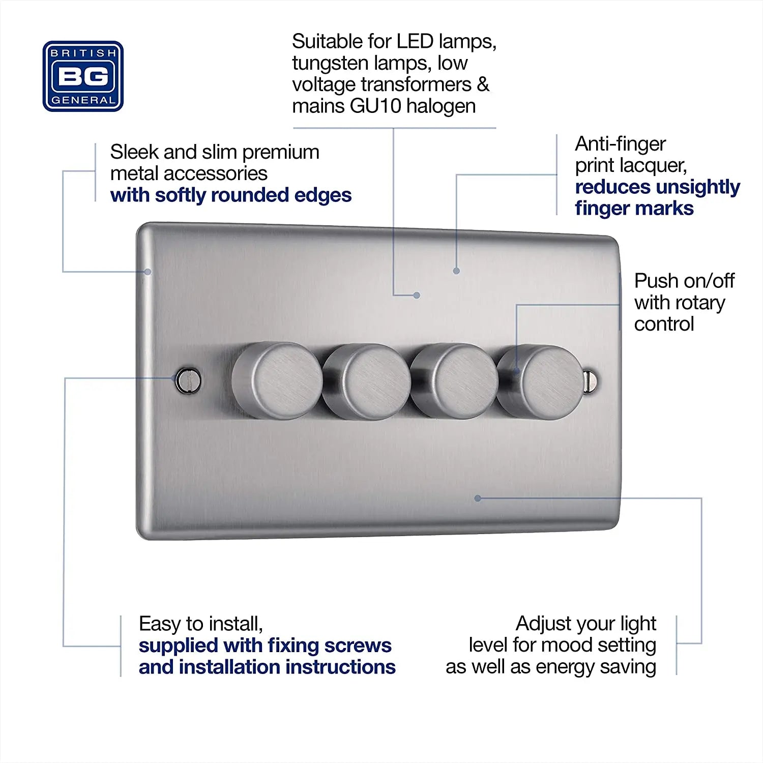 BG Nexus Metal 4 Gang Dimmer Switch in Brushed Steel - NBS84-01 BG (British General)