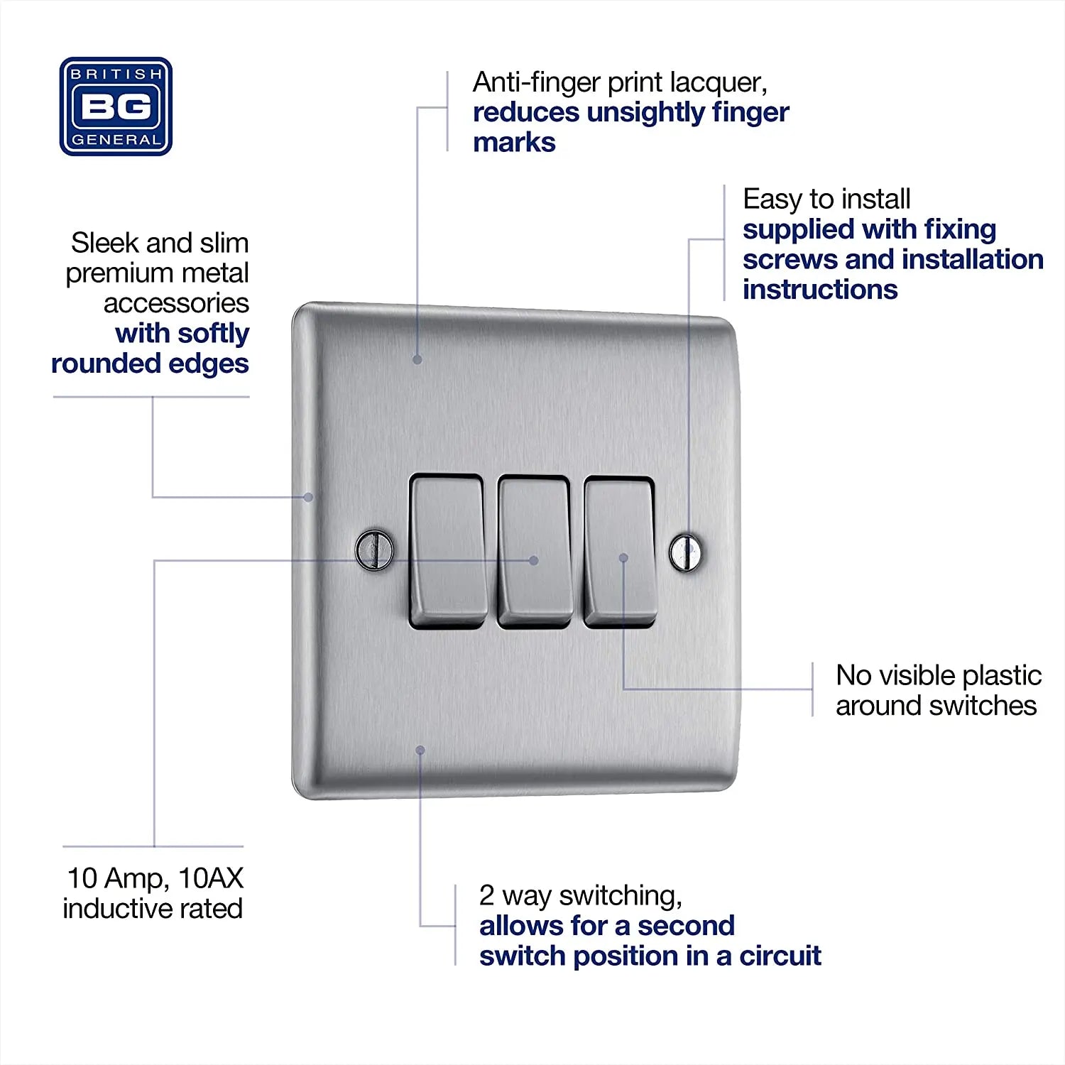 BG Nexus Metal 3 Gang Switch in Brushed Steel - NBS43-01 BG (British General)