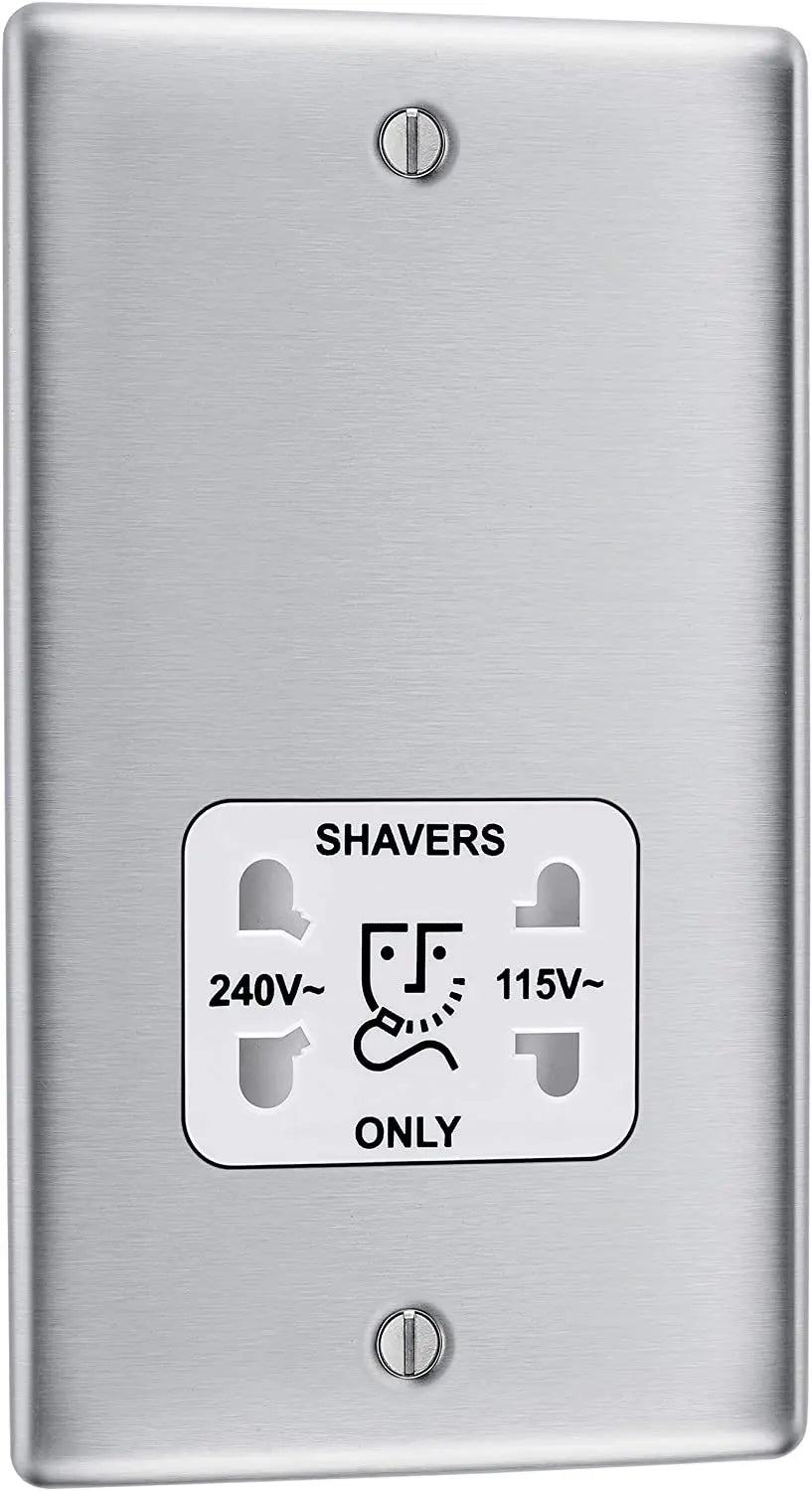 BG Nexus Metal Dual Voltage Shaver Socket in Brushed Steel with White Inserts - NBS20W-01 BG (British General)