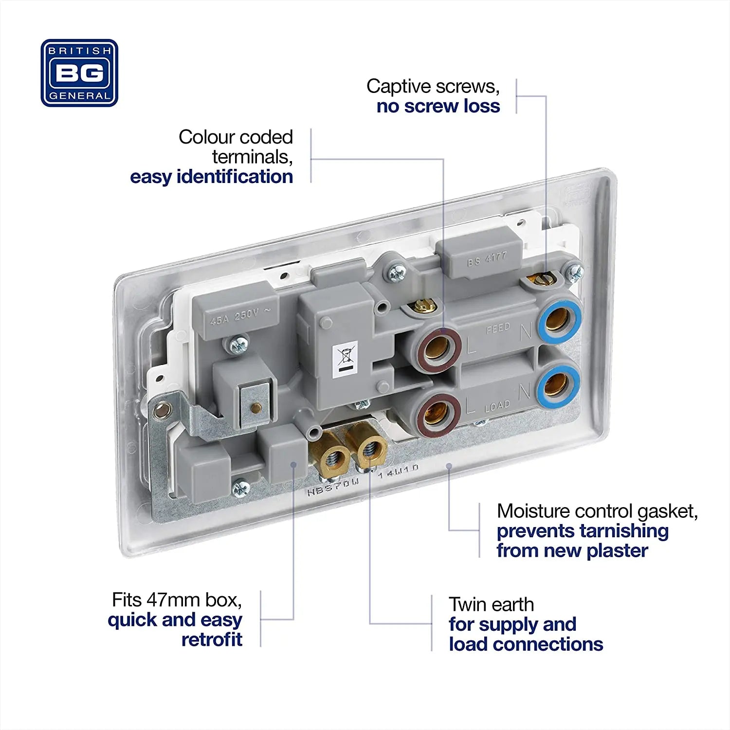 BG Nexus Metal 45 Amp DP Cooker Switch with Socket & Neon in Brushed Steel with White Inserts - NBS70W-01 BG (British General)