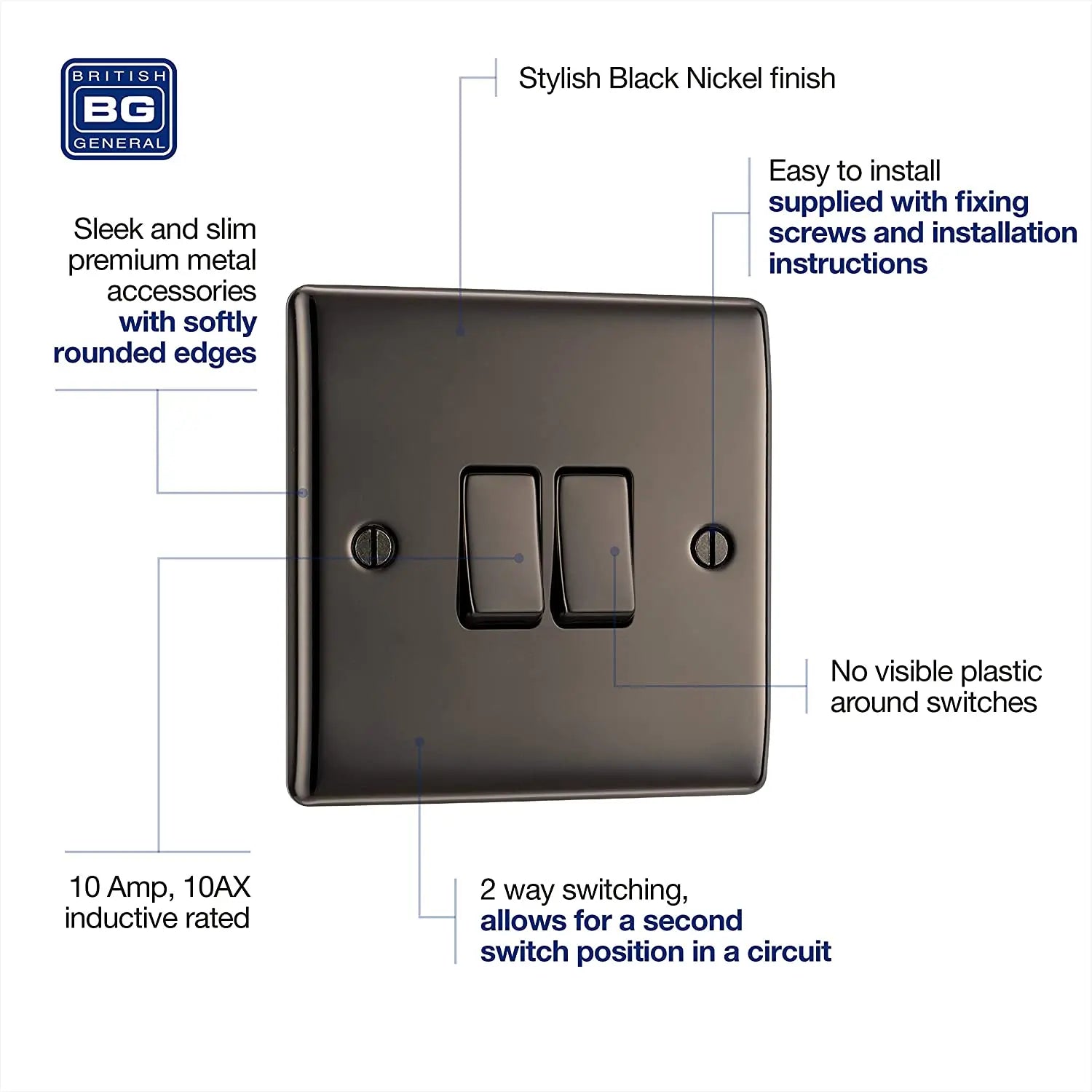 BG Nexus Metal 2 Gang Switch in Black Nickel - NBN42-01 BG (British General)
