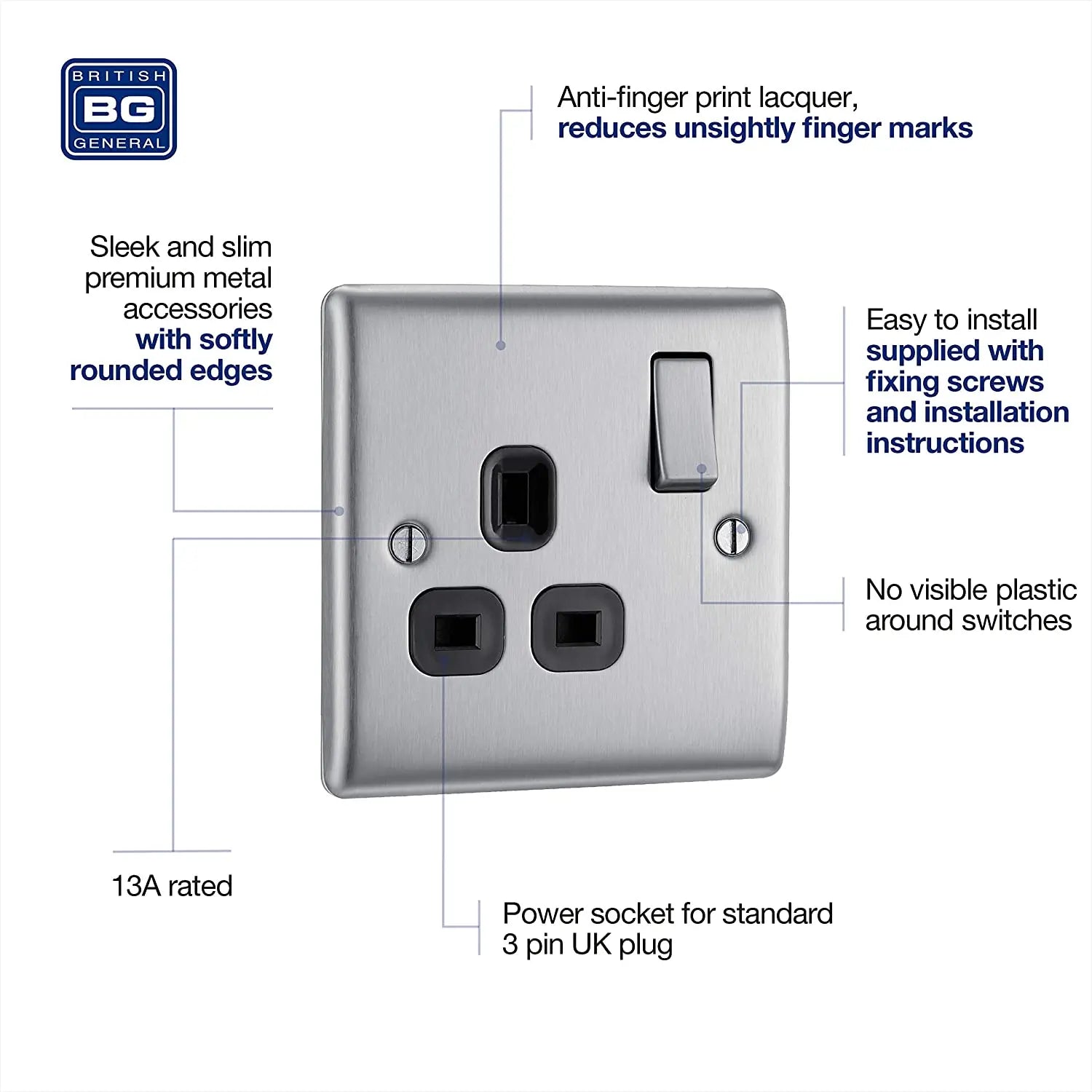 BG Nexus Metal Single Socket in Brushed Steel with Black Inserts - NBS21B-01 BG (British General)