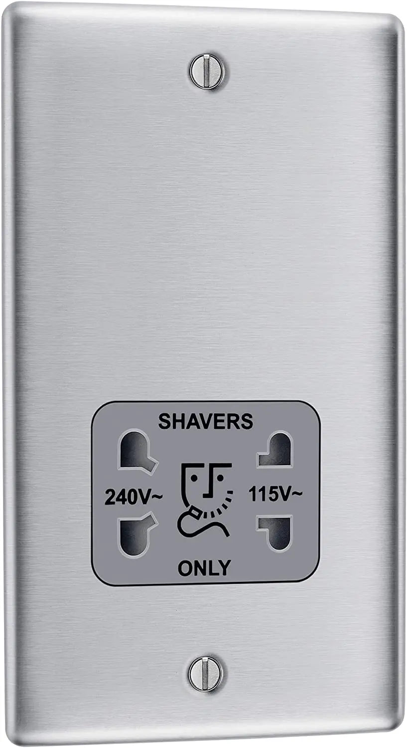 BG Nexus Metal Dual Voltage Shaver Socket in Brushed Steel with Grey Inserts - NBS20G-01 BG (British General)