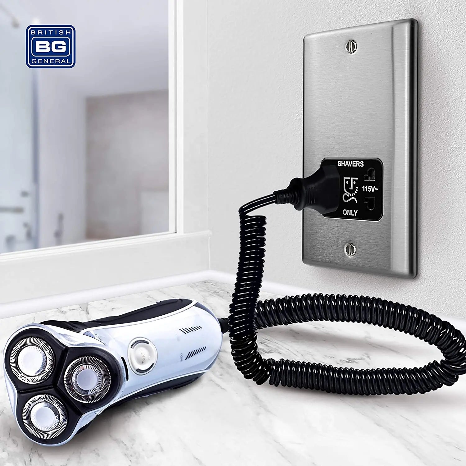 BG Nexus Metal Dual Voltage Shaver Socket in Brushed Steel with Black Inserts - NBS20B-01 BG (British General)