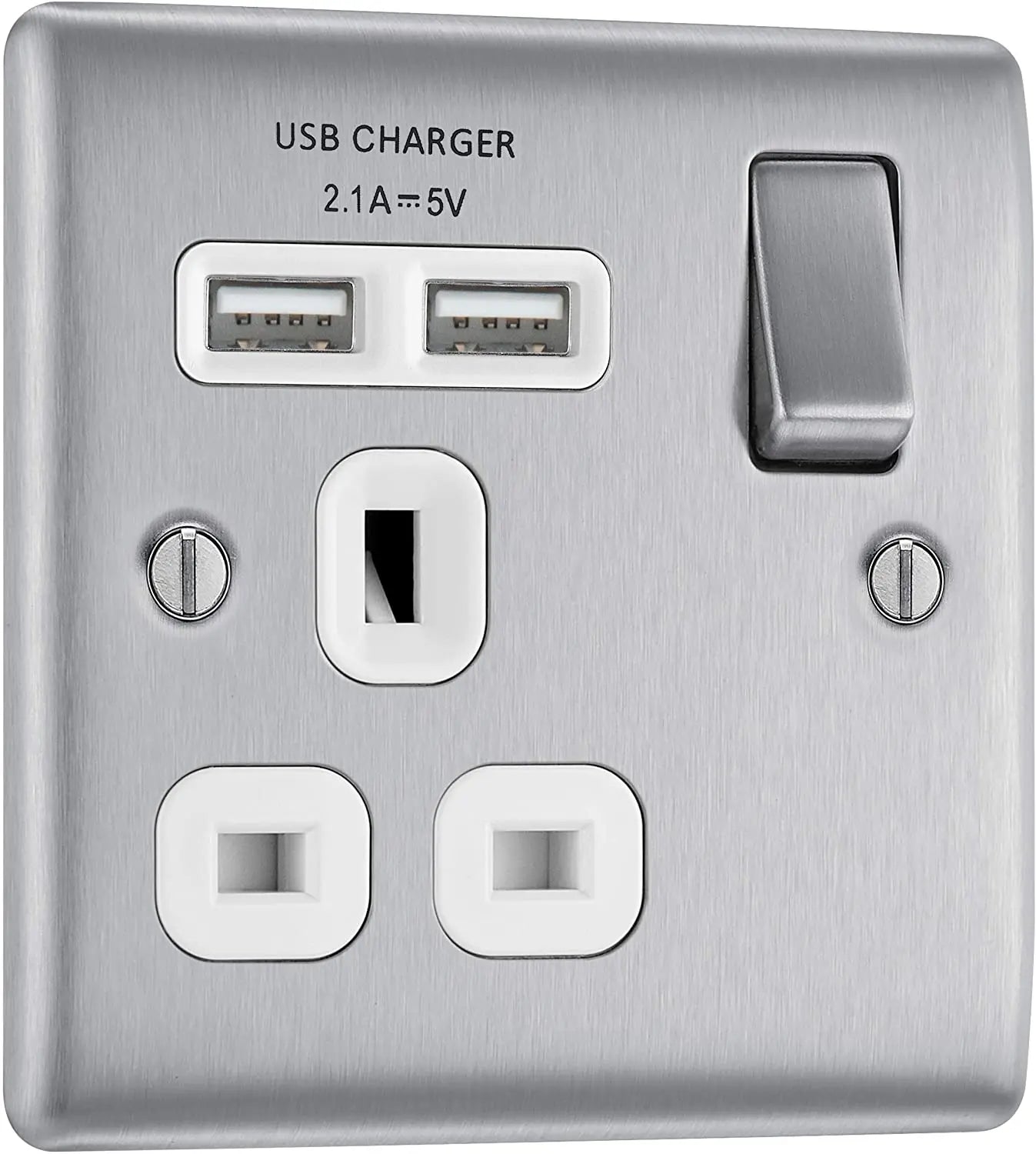 BG Nexus Metal USB Single Socket in Brushed Steel with White Inserts - NBS21U2W-01 BG (British General)