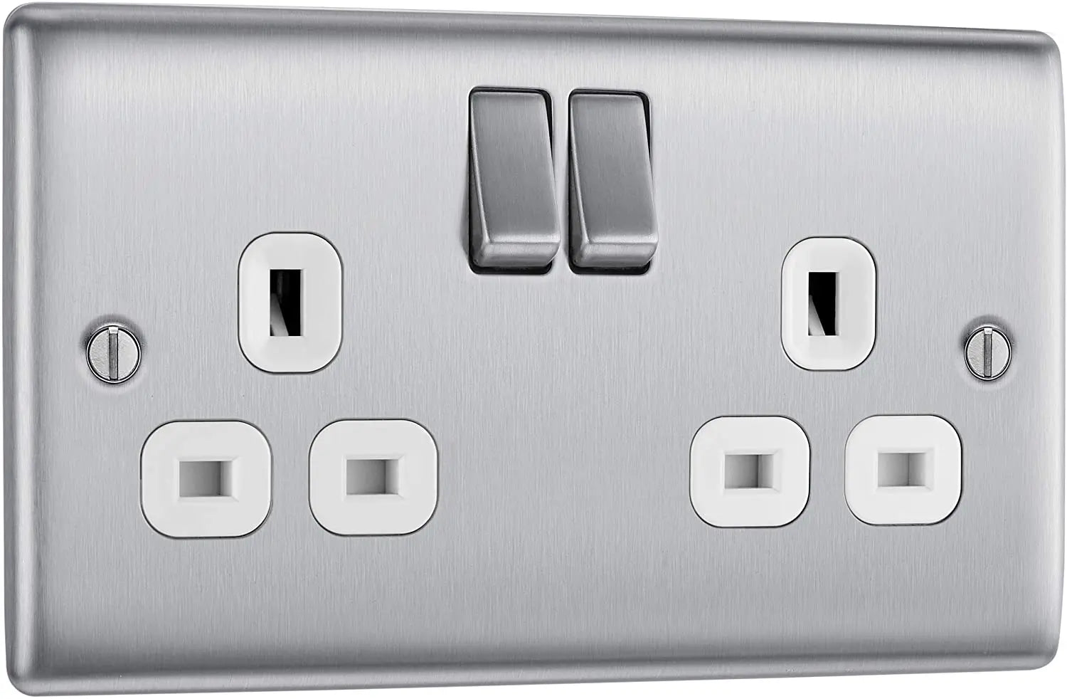 BG Nexus Metal Double Socket in Brushed Steel with White Inserts - NBS22W-01 BG (British General)