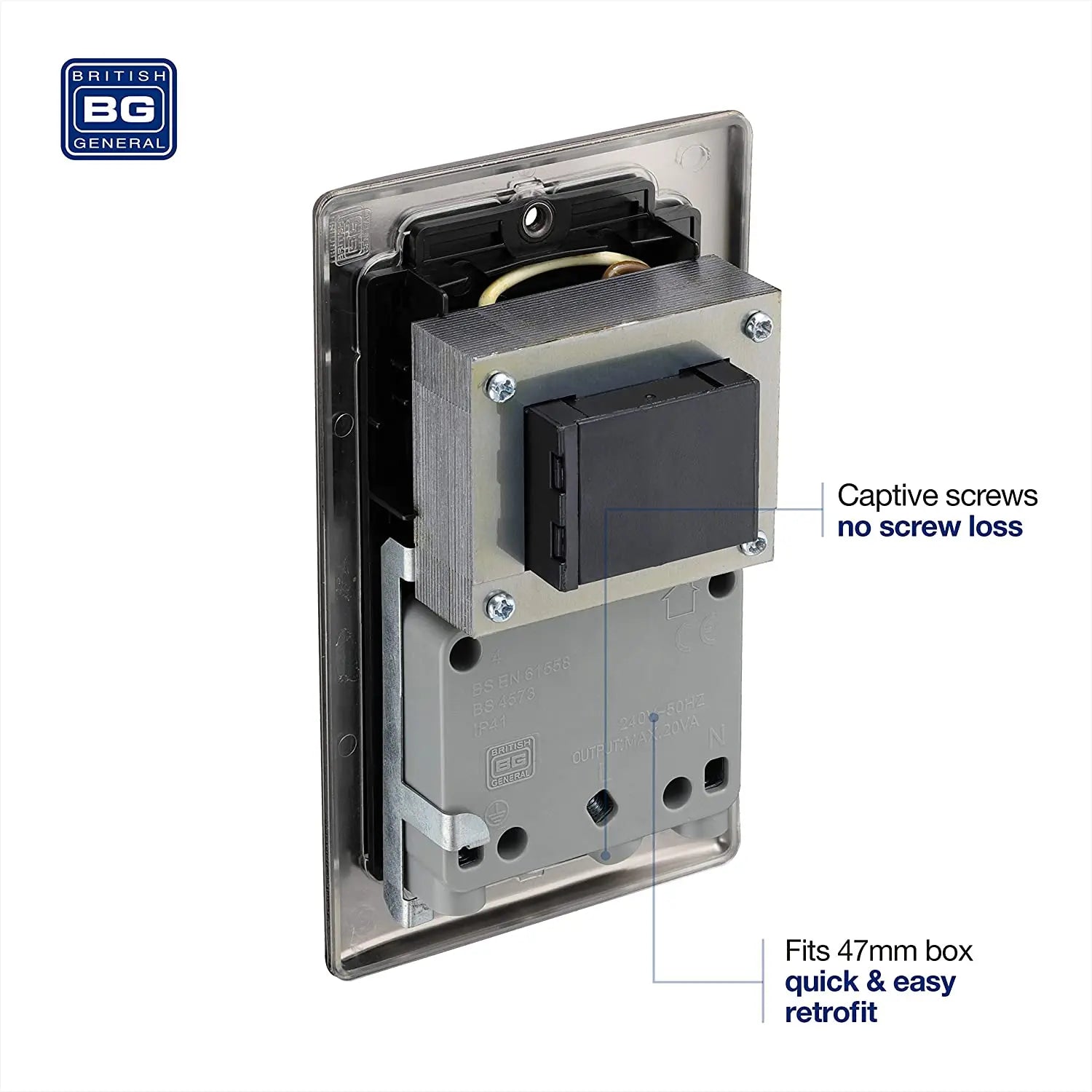 BG Nexus Metal Dual Voltage Shaver Socket in Black Nickel with Black Inserts - NBN20B-01 BG (British General)