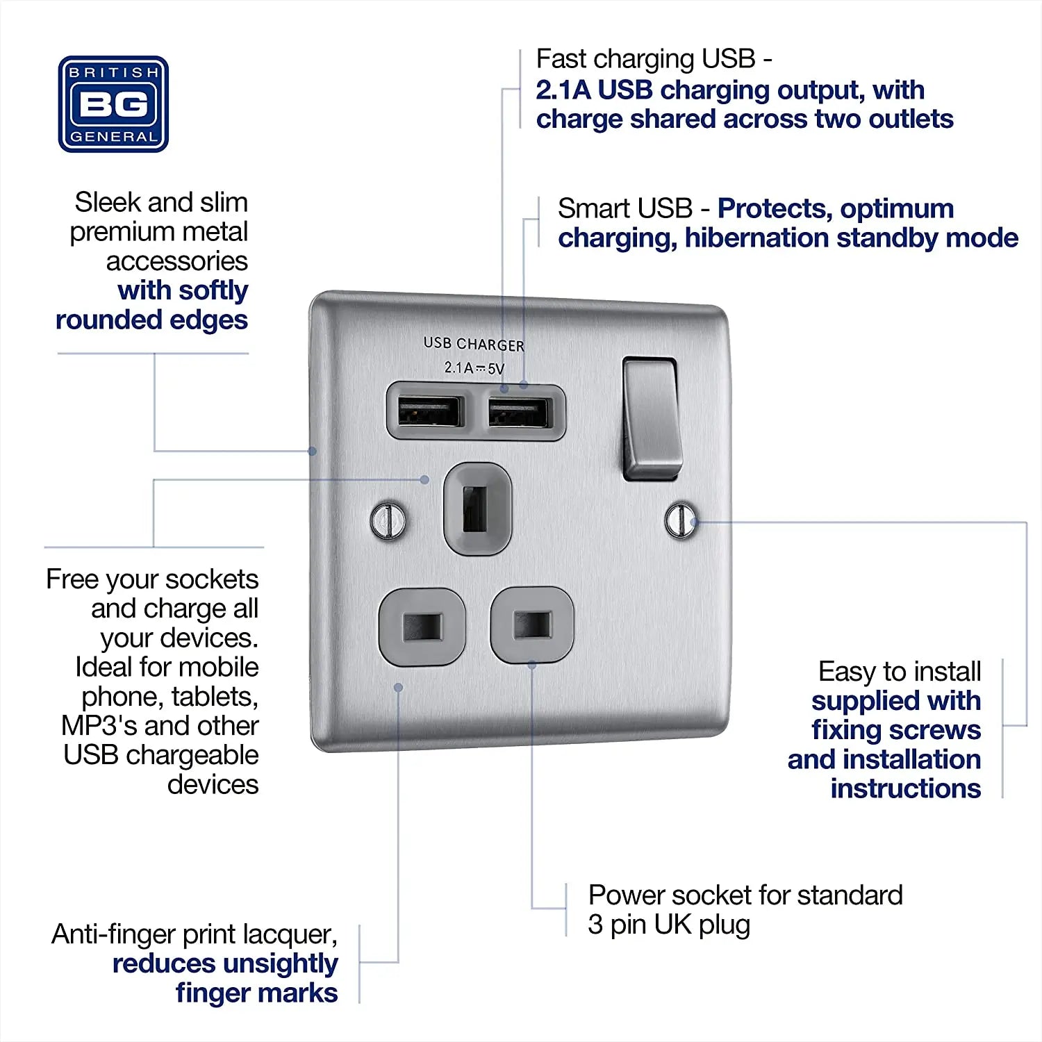 BG Nexus Metal Fast Charging Switched Single Socket with Two Charging USB Ports in Brushed Steel with Grey Inserts - NBS21U2G-01 BG (British General)