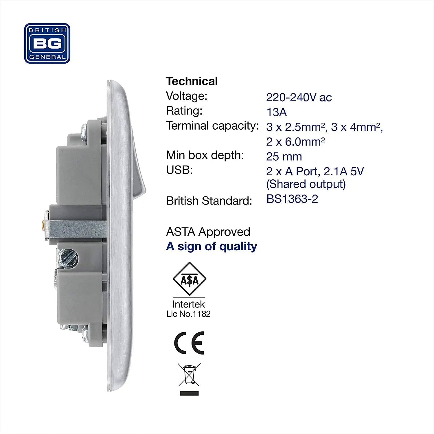 BG Nexus Metal Fast Charging Switched Single Socket with Two Charging USB Ports in Brushed Steel with Grey Inserts - NBS21U2G-01 BG (British General)