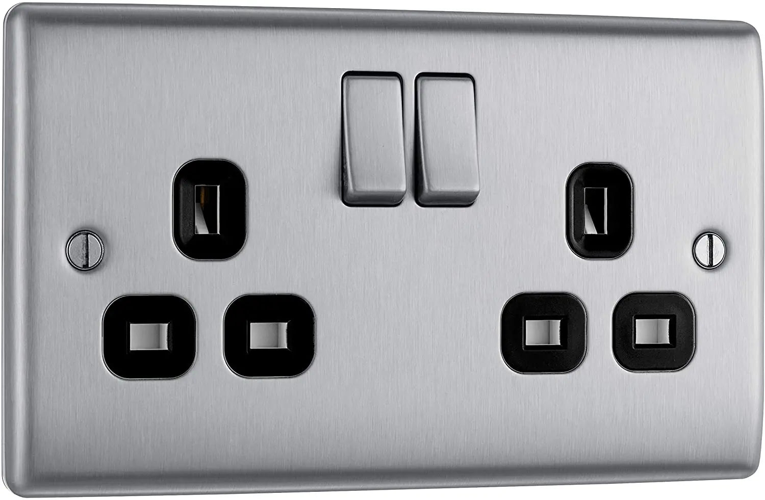 BG Nexus Metal Double Socket in Brushed Steel with Black Inserts - NBS22B-01 BG (British General)