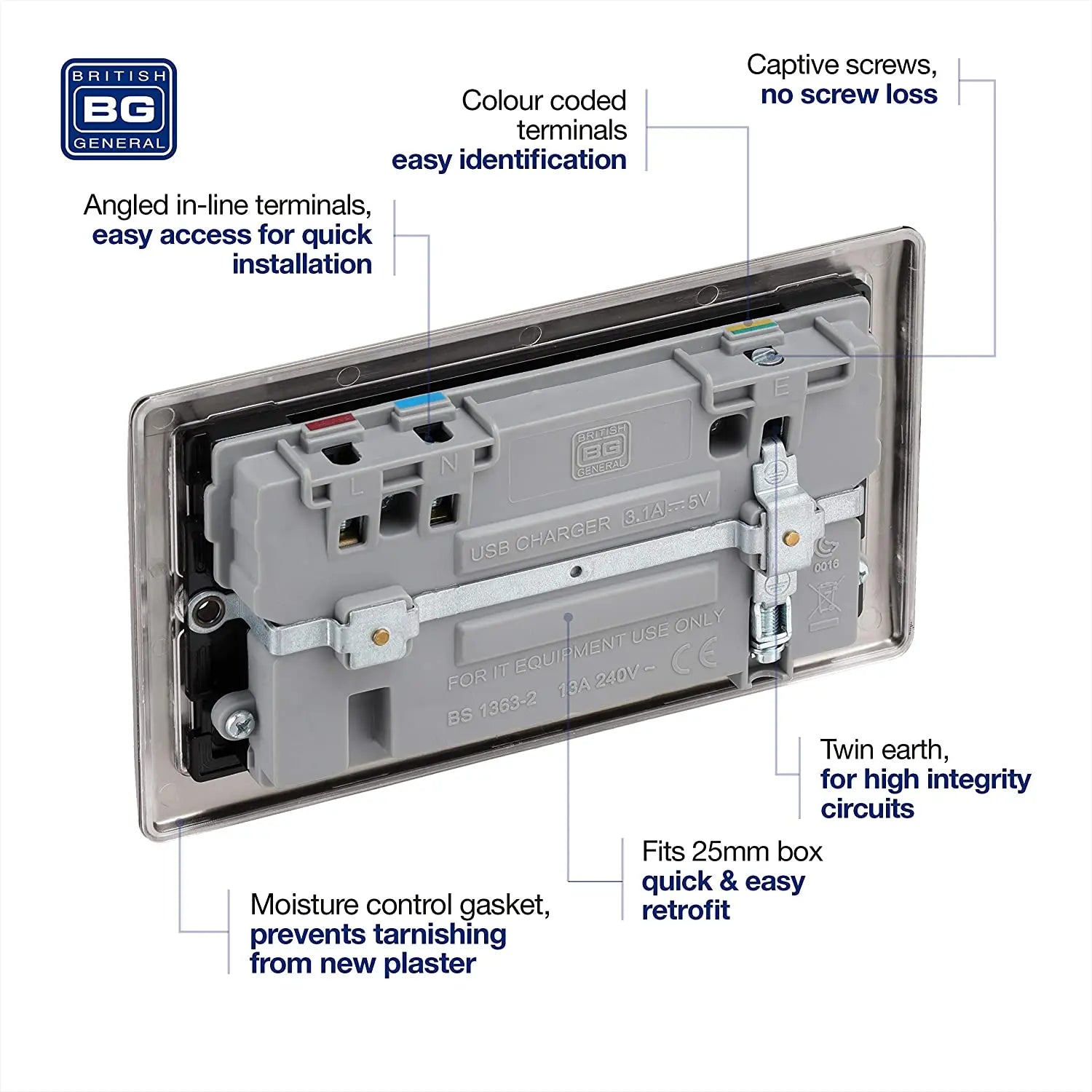 BG Electrical Nexus Metal USB Double Switched Socket Fast Charging Power with Two USB Charging Ports in Black Nickel with Black Inserts - NBN22U3B BG (British General)
