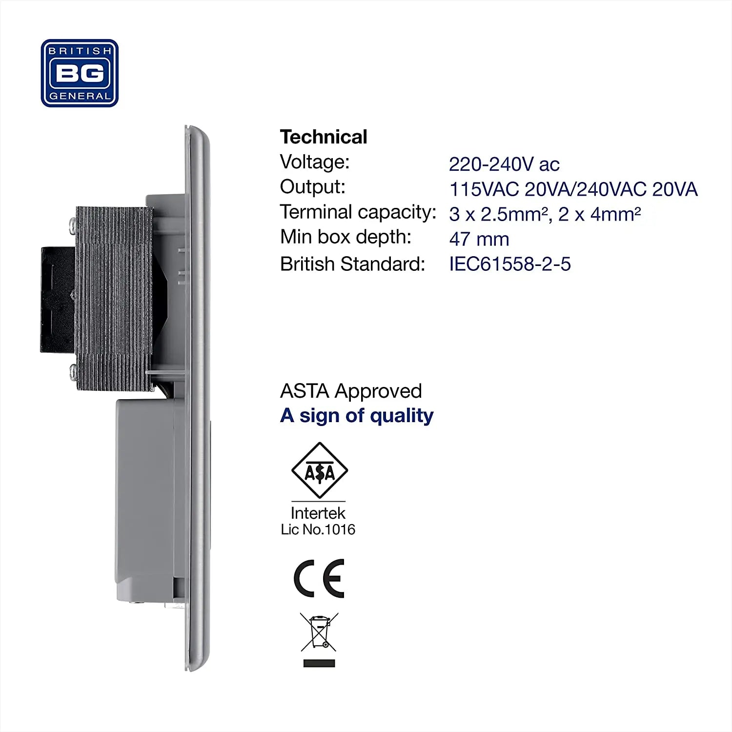 BG Nexus Metal Dual Voltage Shaver Socket in Brushed Steel with Grey Inserts - NBS20G-01 BG (British General)