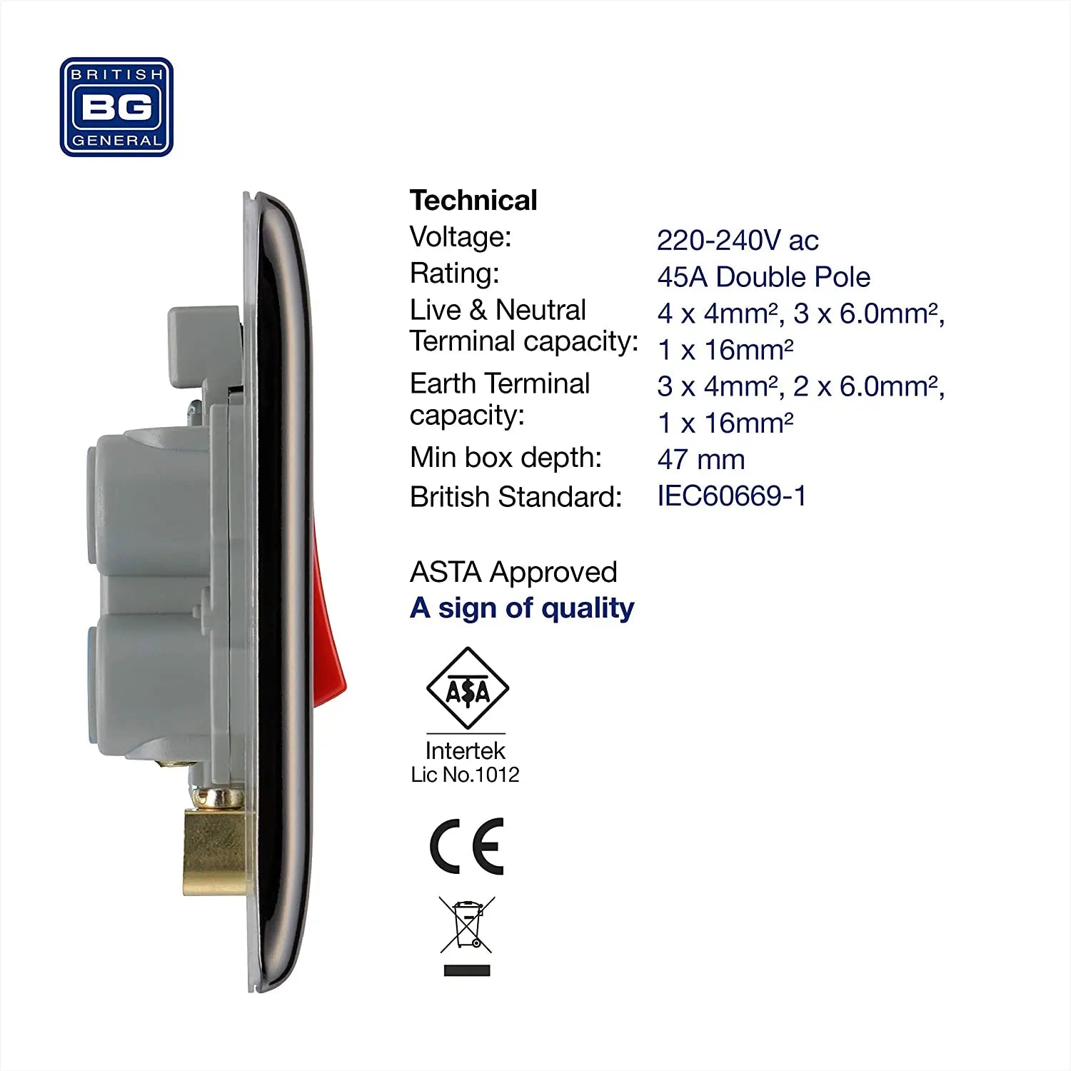 BG Nexus Metal 45 Amp Small DP Switch with Neon in Black Nickel - NBN74-01 BG (British General)