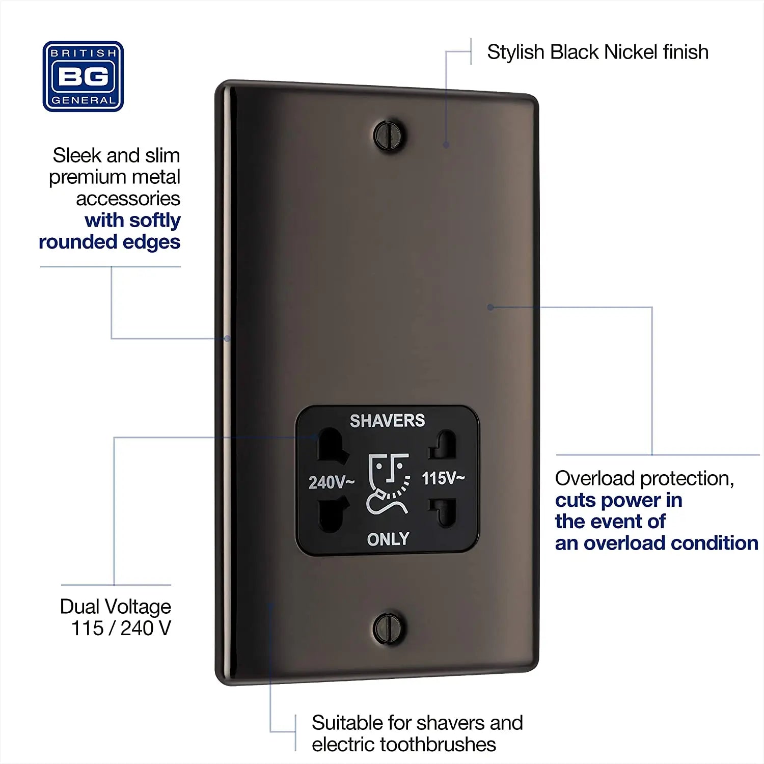 BG Nexus Metal Dual Voltage Shaver Socket in Black Nickel with Black Inserts - NBN20B-01 BG (British General)