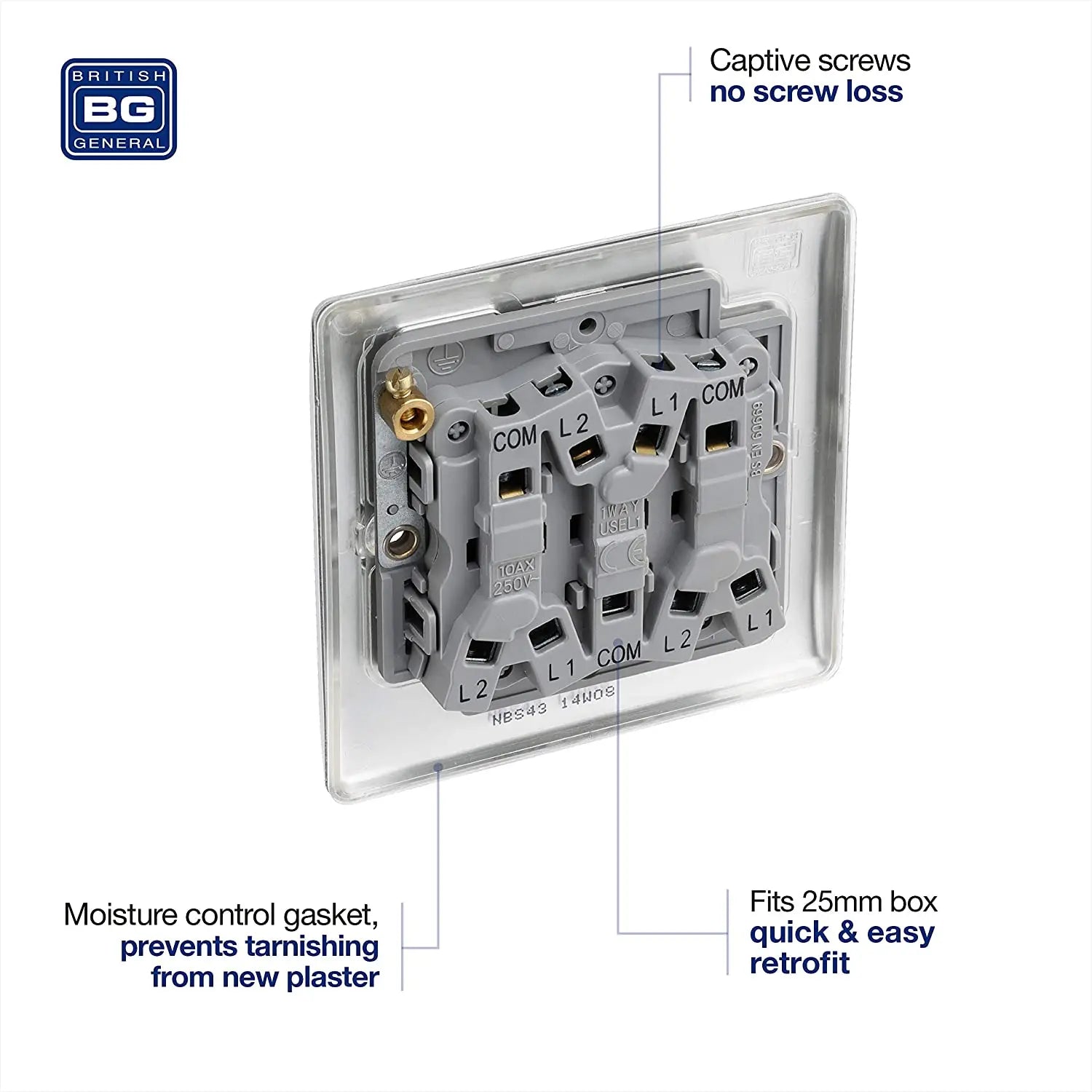 BG Nexus Metal 3 Gang Switch in Brushed Steel - NBS43-01 BG (British General)