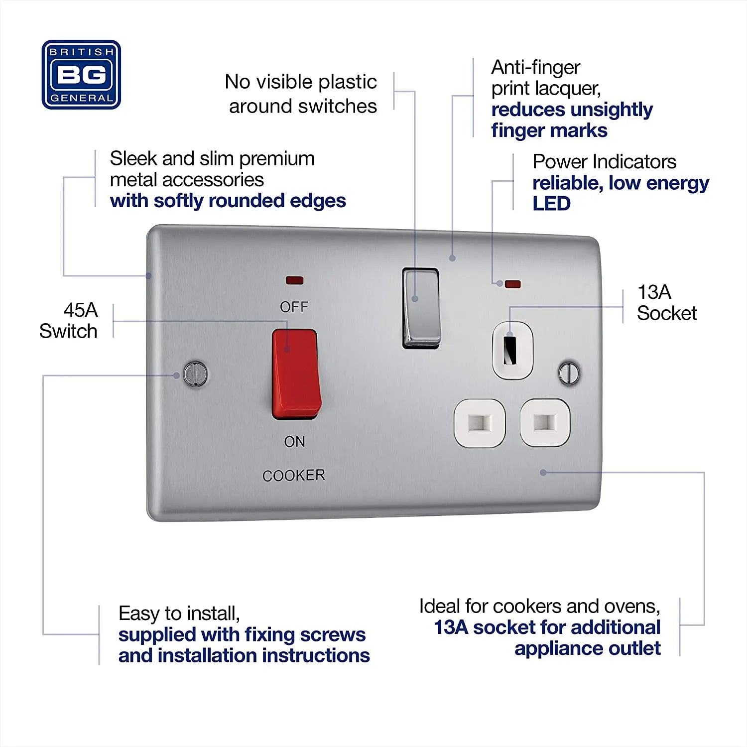 BG Nexus Metal 45 Amp DP Cooker Switch with Socket & Neon in Brushed Steel with White Inserts - NBS70W-01 BG (British General)