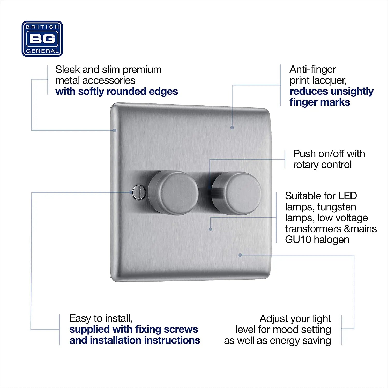 BG Nexus Metal 2 Gang Dimmer Switch in Brushed Steel - NBS82-01 BG (British General)