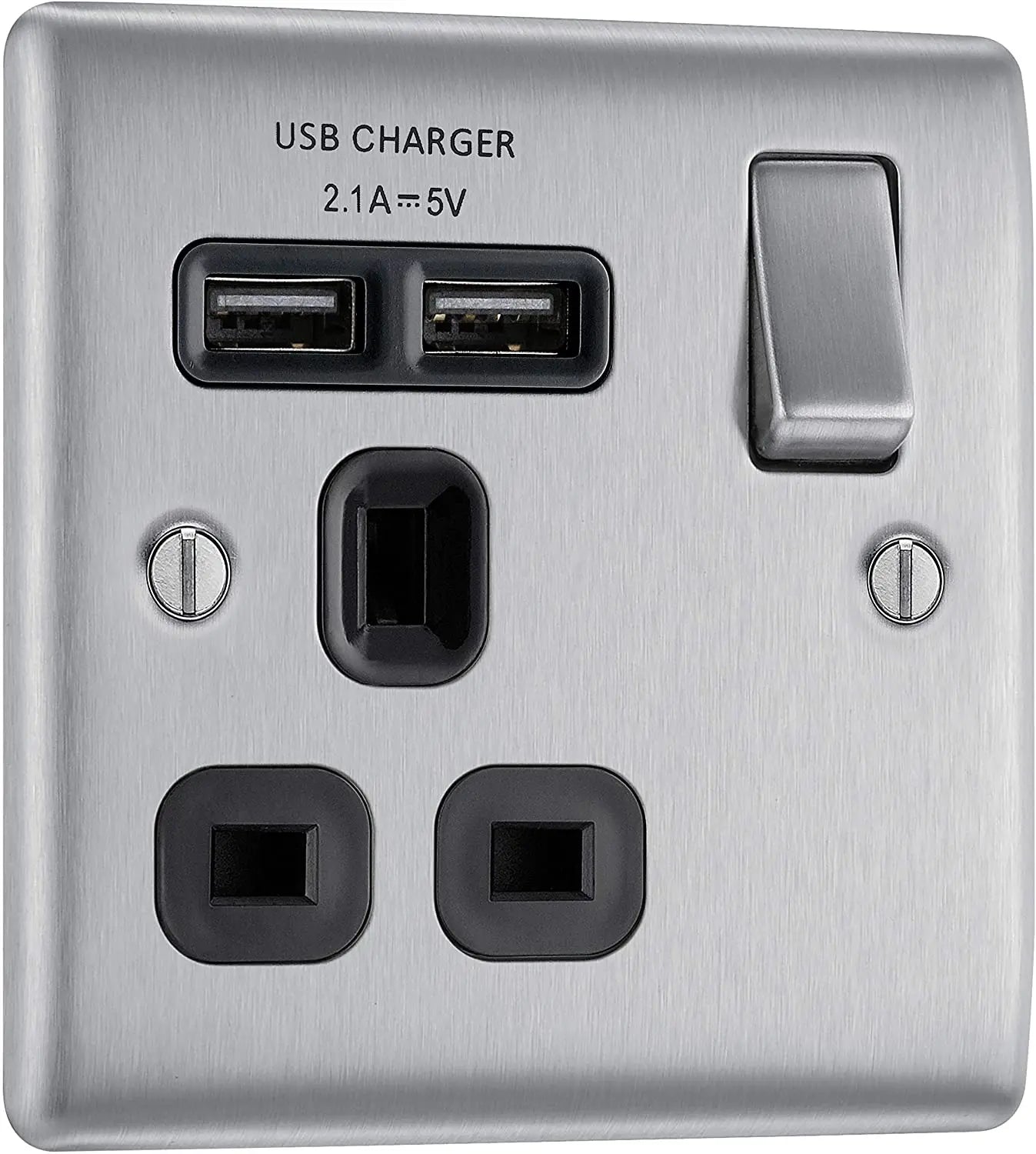 BG Nexus Metal USB Single Socket in Brushed Steel with Black Inserts - NBS21U2B-01 BG (British General)
