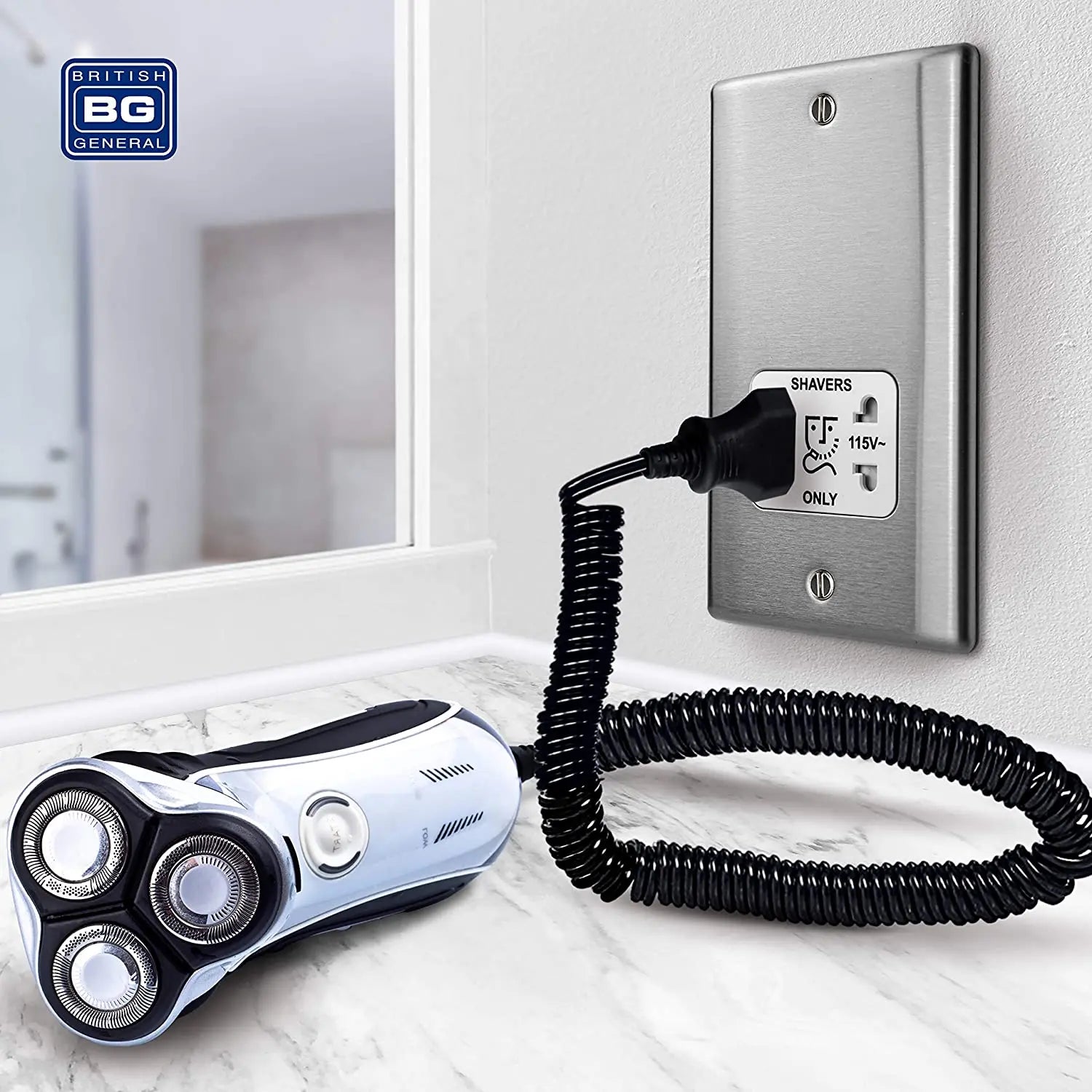 BG Nexus Metal Dual Voltage Shaver Socket in Brushed Steel with White Inserts - NBS20W-01 BG (British General)