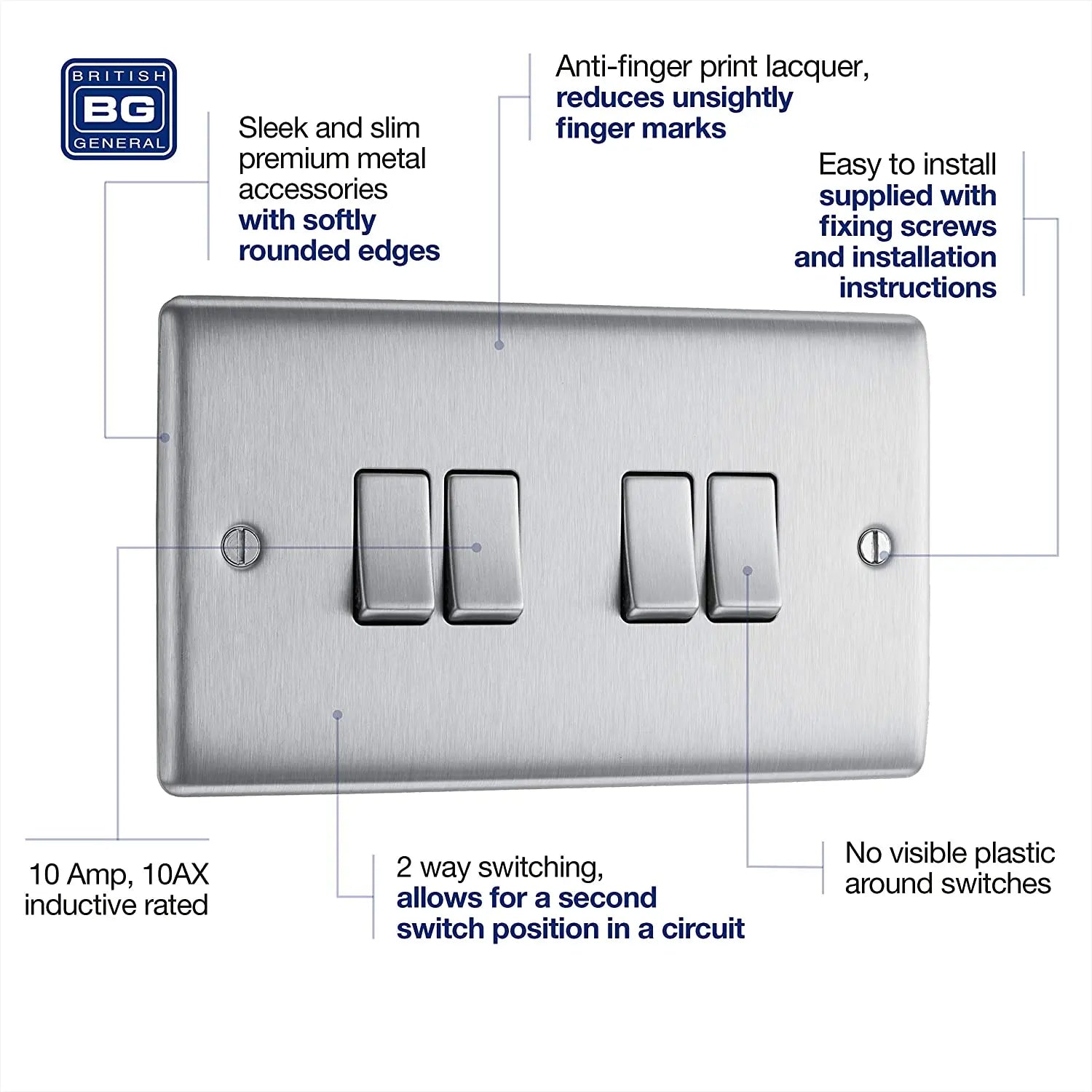 BG Nexus Metal 4 Gang Switch in Brushed Steel - NBS44-01 BG (British General)