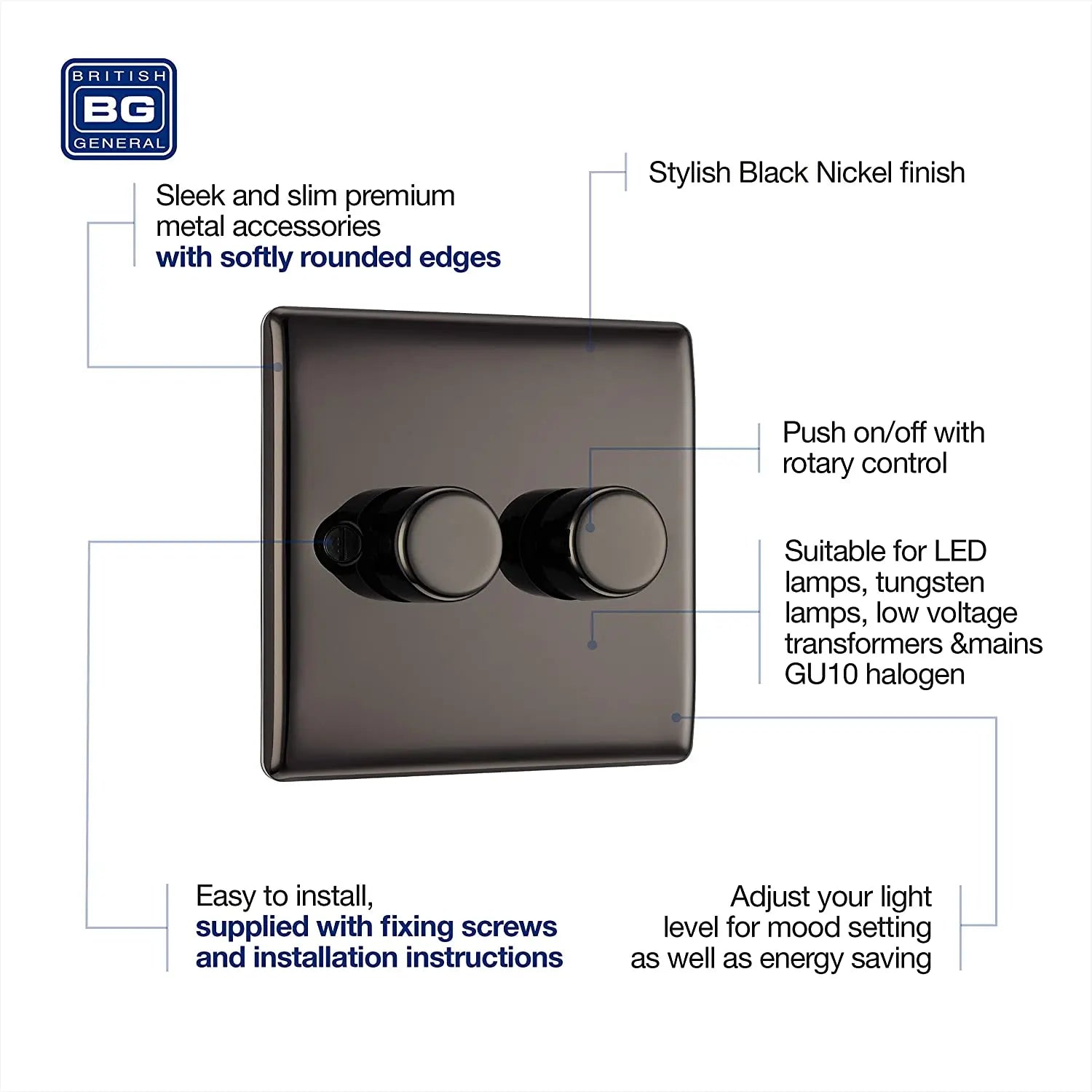 BG Nexus Metal 2 Gang Dimmer Switch in Black Nickel - NBN82-01 BG (British General)
