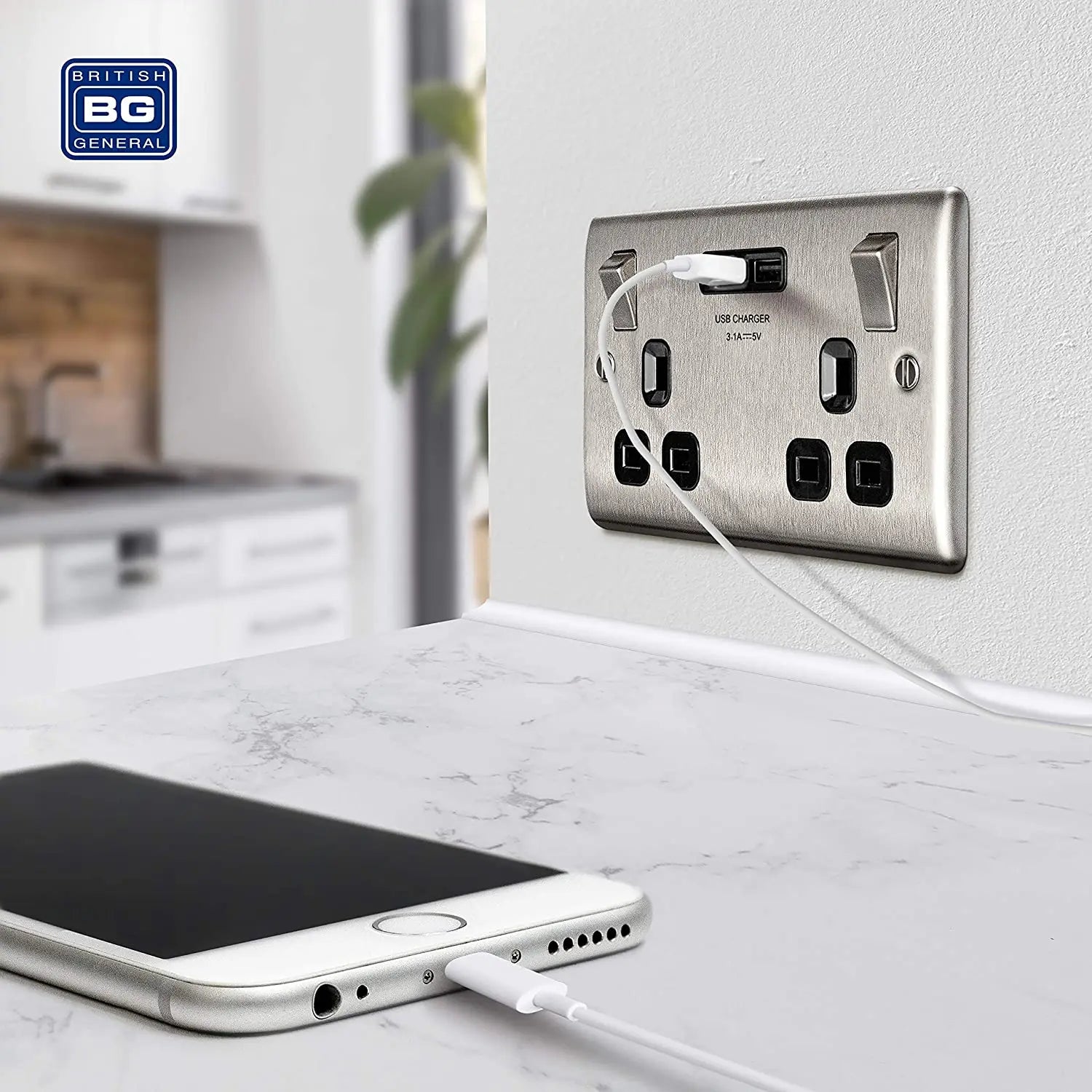 BG Nexus Metal USB Double Socket in Brushed Steel with Black Inserts - NBS22U3B-01 BG (British General)