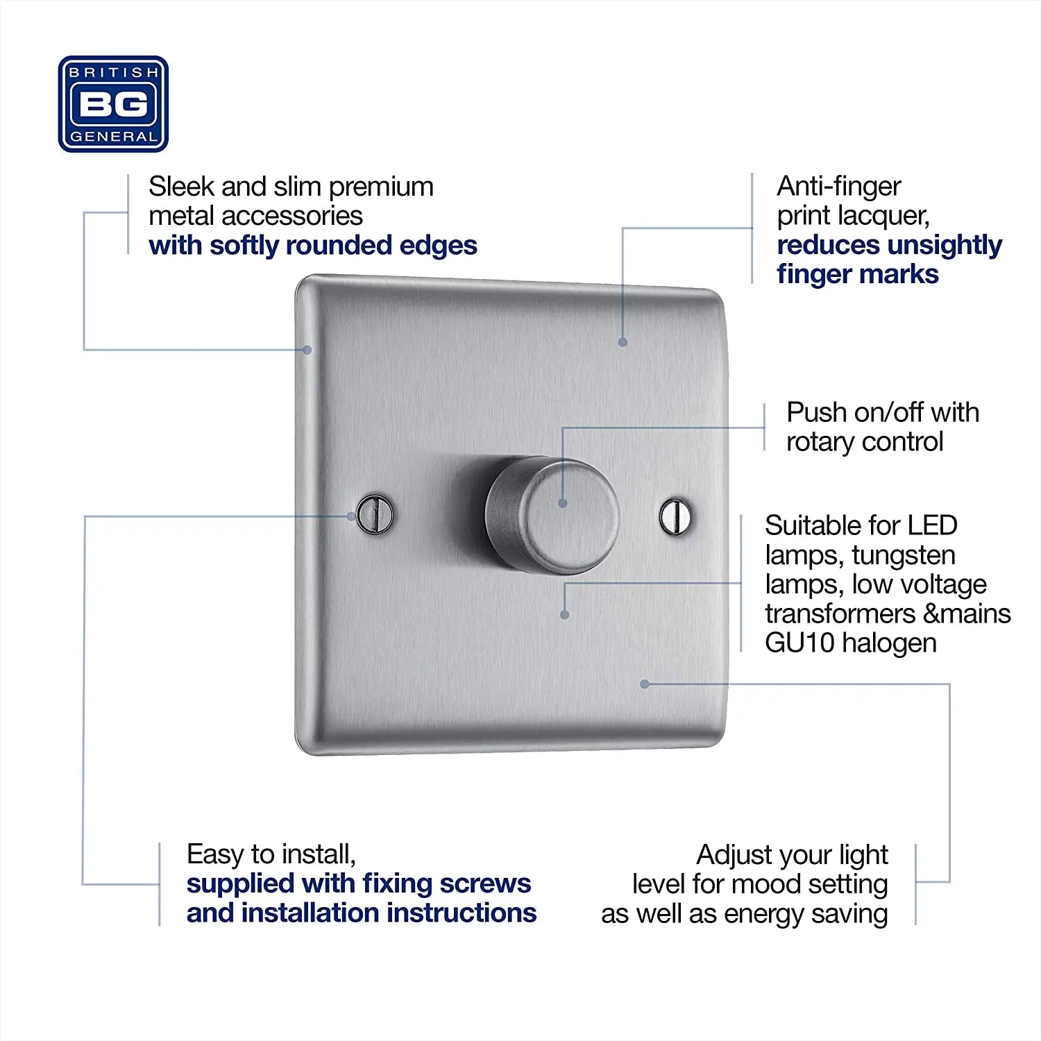 BG Nexus Metal 1 Gang Dimmer Switch in Brushed Steel - NBS81-01 BG (British General)