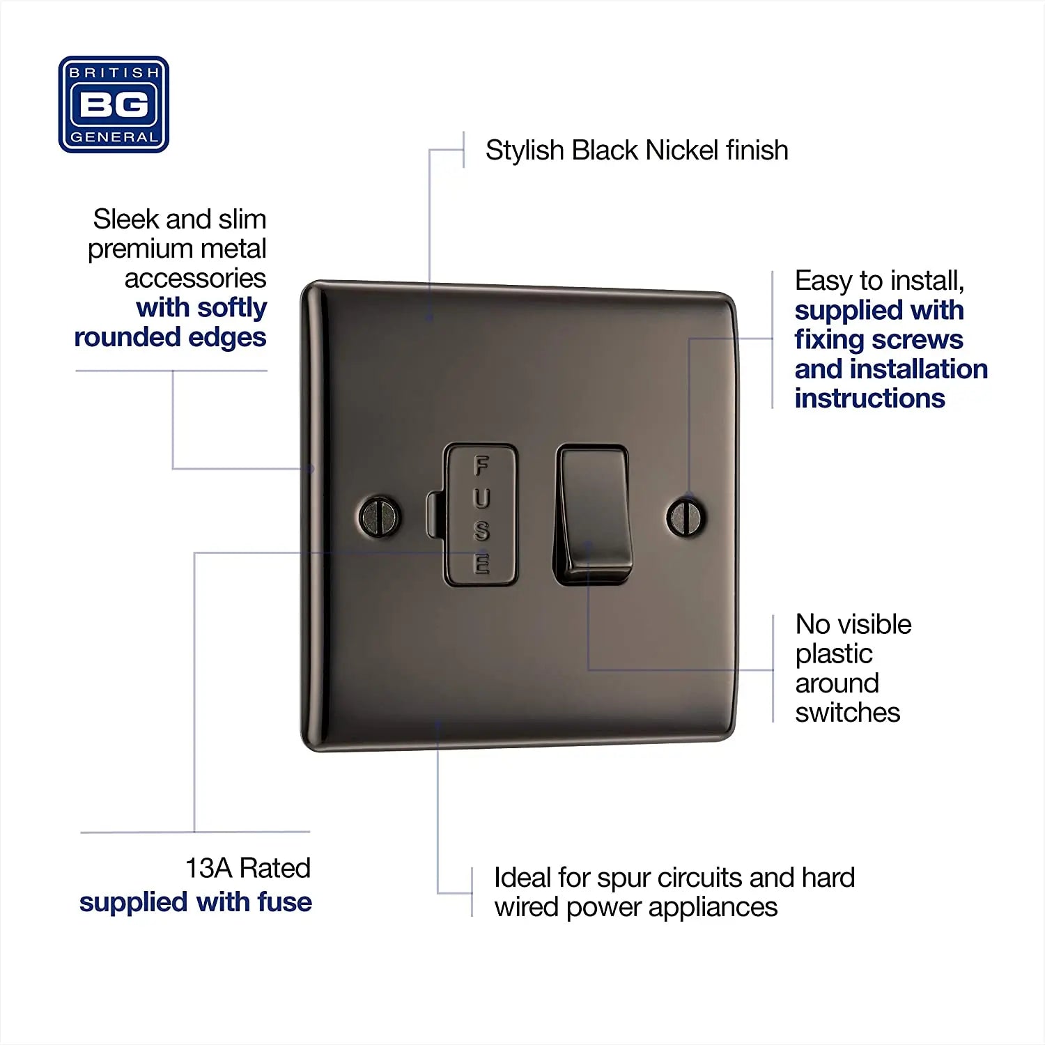 BG Nexus Metal Switched Fused Spur in Black Nickel - NBN50-01 BG (British General)