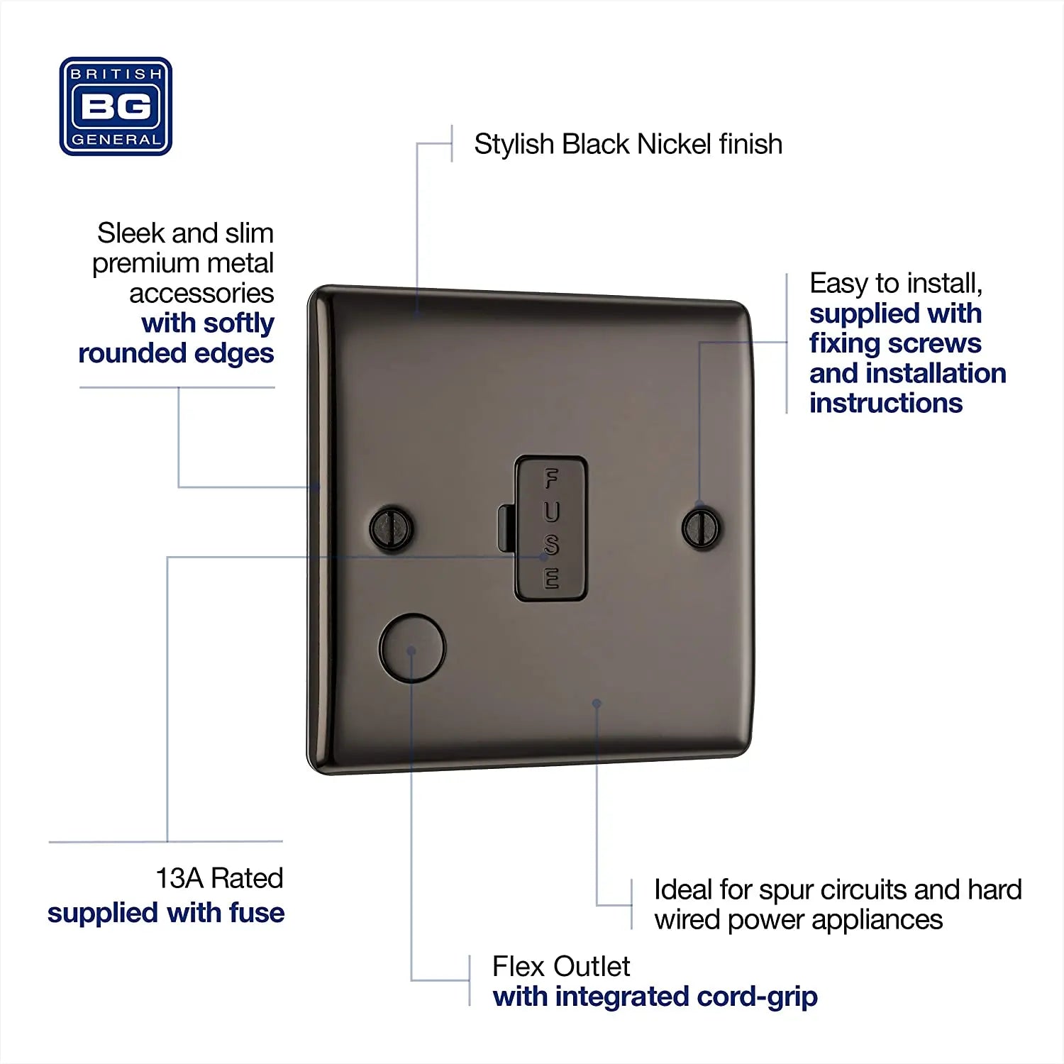 BG Nexus Metal Un-Switched Fused Spur with Flex Outlet in Black Nickel - NBN55-01 BG (British General)