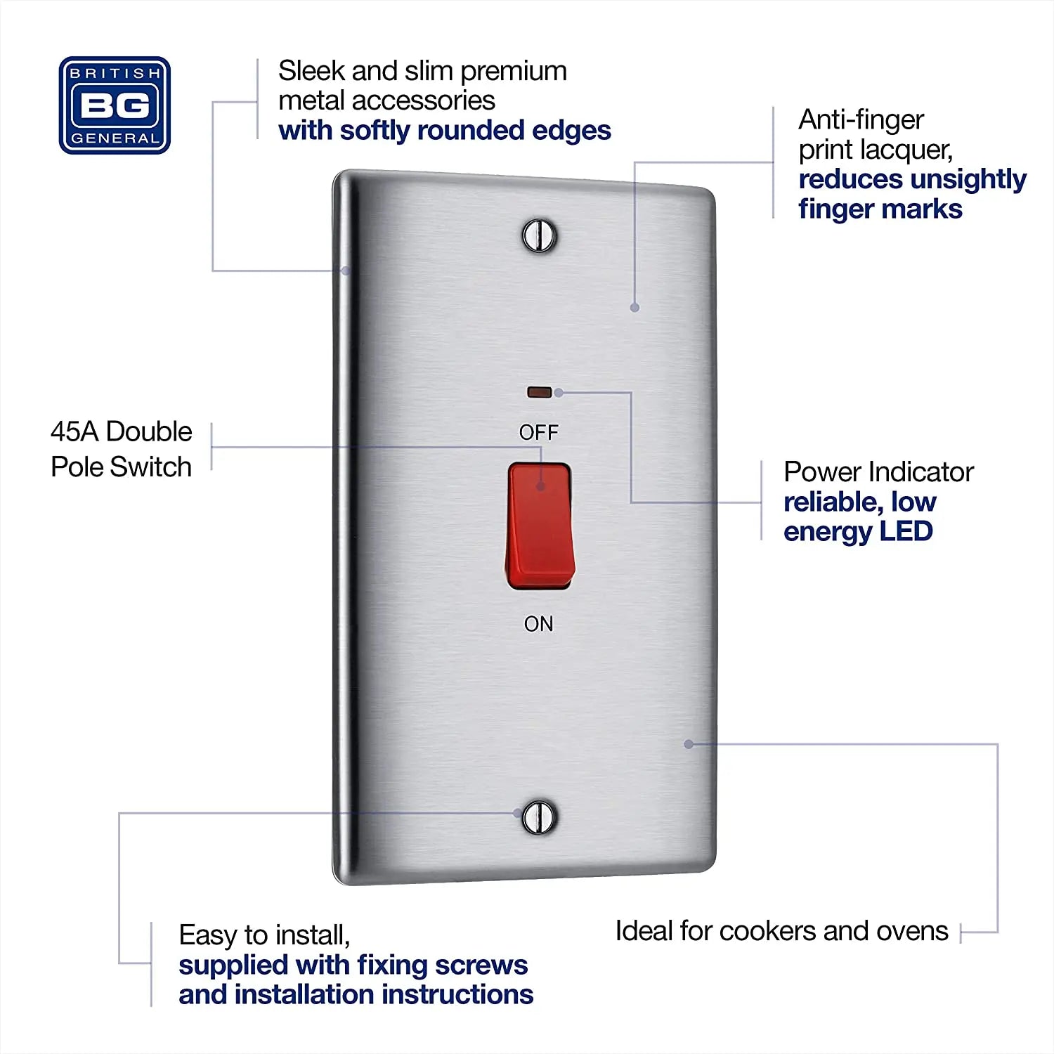 BG Nexus Metal 45 Amp Vertical DP Switch with Neon in Brushed Steel - NBS72-01 BG (British General)