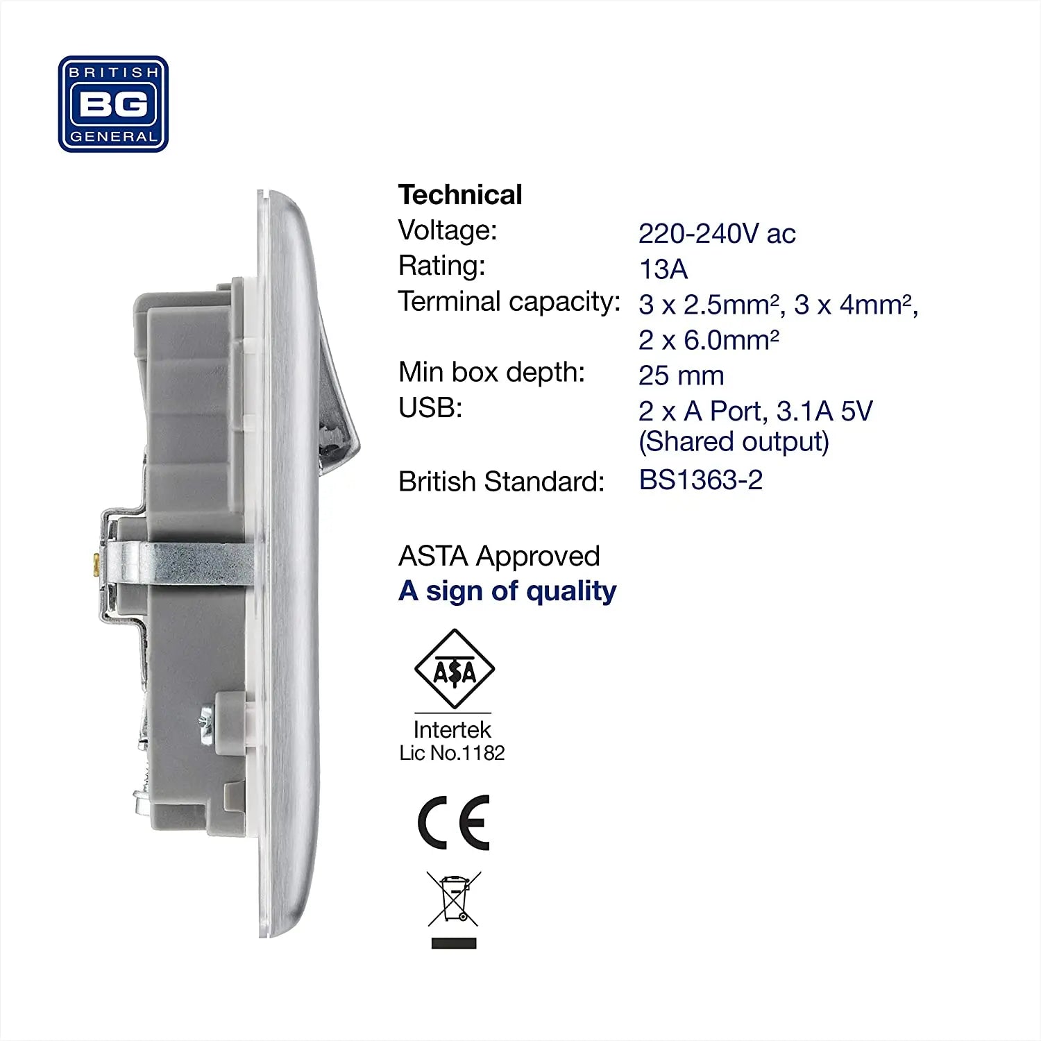 BG Nexus Metal USB Double Socket in Brushed Steel with White Inserts - NBS22U3W-01 BG (British General)