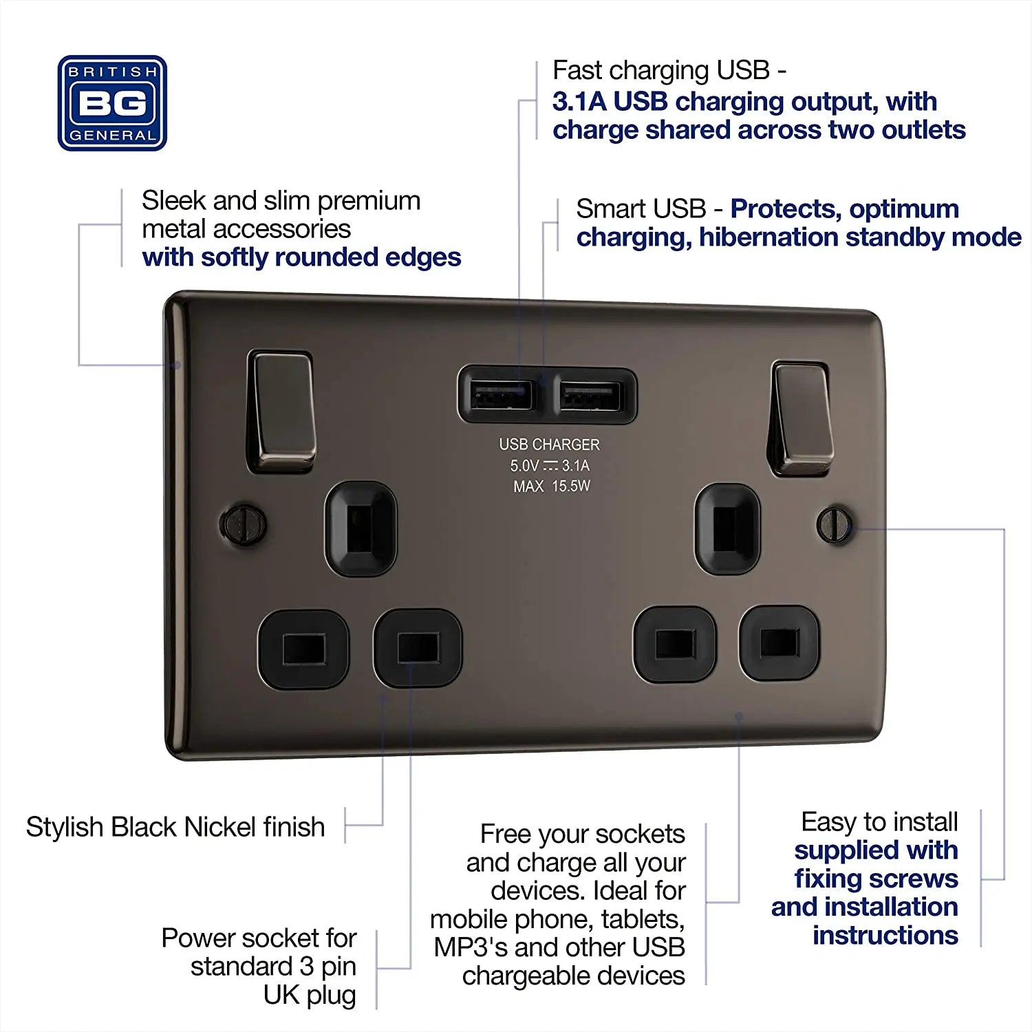 BG Electrical Nexus Metal USB Double Switched Socket Fast Charging Power with Two USB Charging Ports in Black Nickel with Black Inserts - NBN22U3B BG (British General)