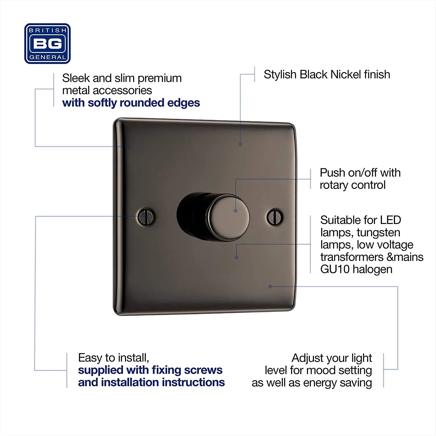BG Nexus Metal 1 Gang Dimmer Switch in Black Nickel - NBN81-01 BG (British General)