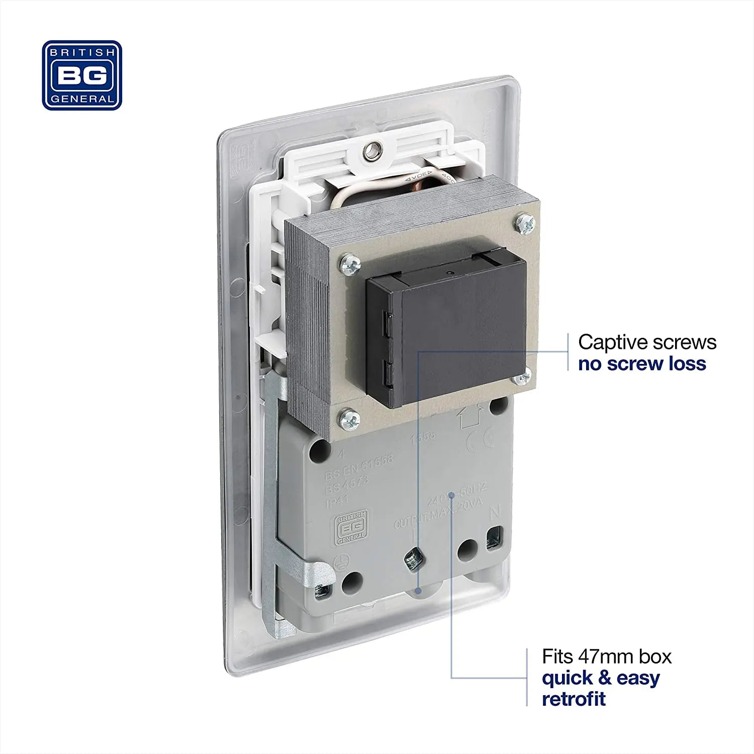 BG Nexus Metal Dual Voltage Shaver Socket in Brushed Steel with White Inserts - NBS20W-01 BG (British General)