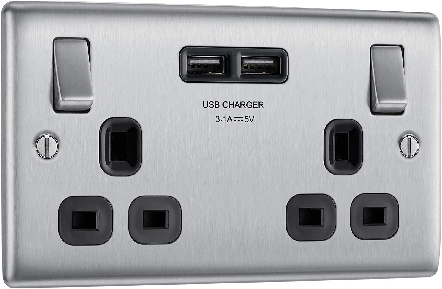 BG Nexus Metal USB Double Socket in Brushed Steel with Black Inserts - NBS22U3B-01 BG (British General)