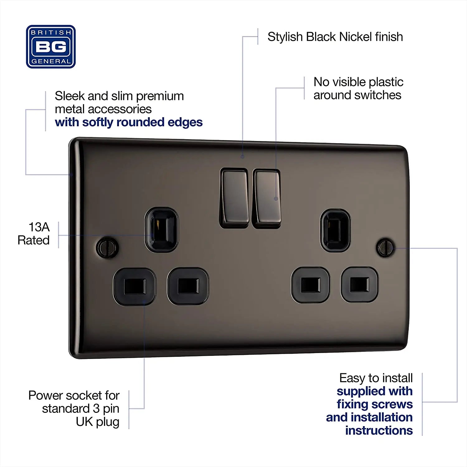 BG Nexus Black Nickel Double Socket with Black Inserts 13A 2 Gang - NBN22B BG (British General)