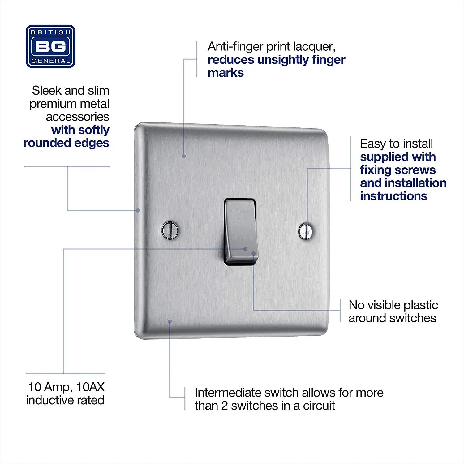 BG Nexus Metal Intermediate Switch in Brushed Steel - NBS13-01 BG (British General)