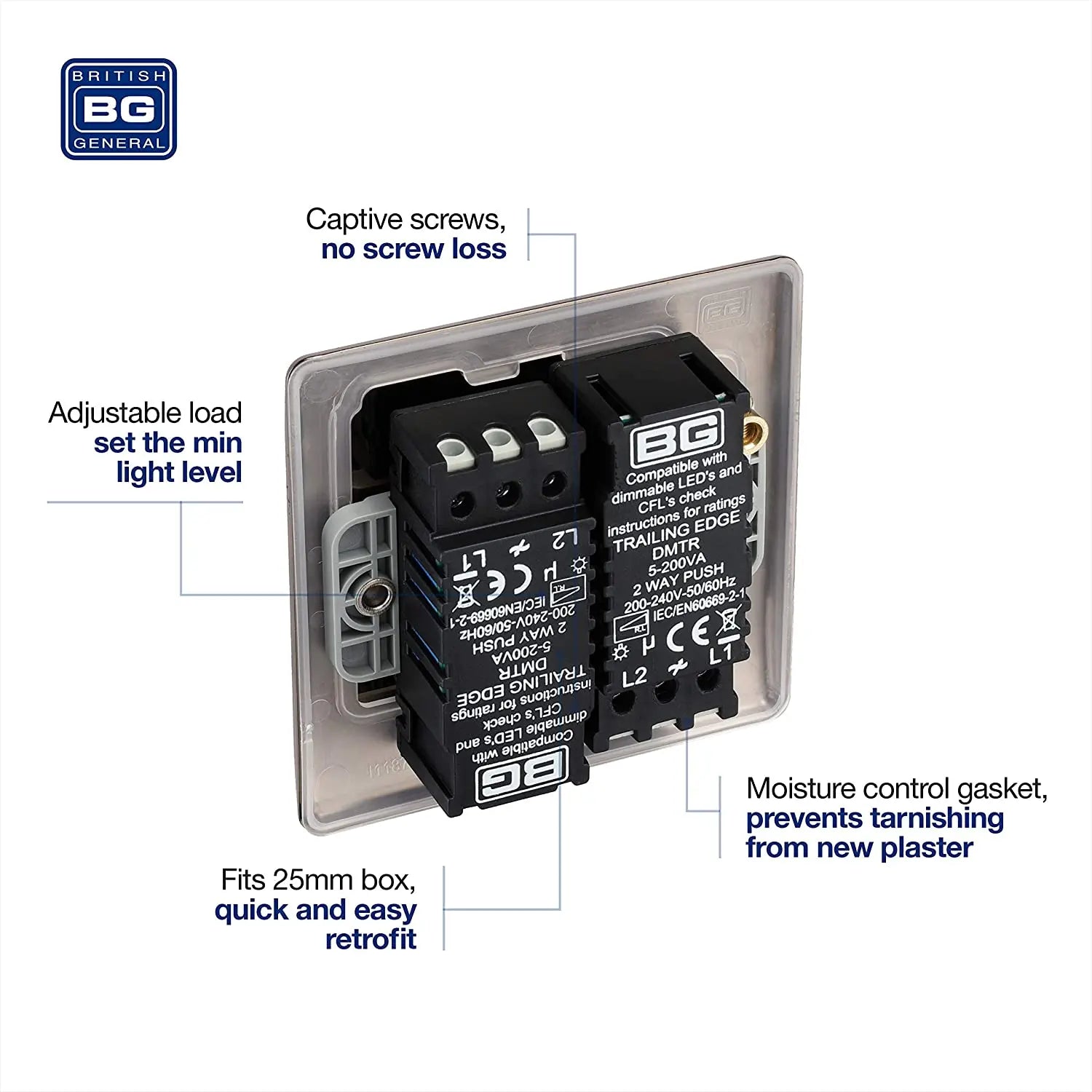 BG Nexus Metal 2 Gang Dimmer Switch in Black Nickel - NBN82-01 BG (British General)