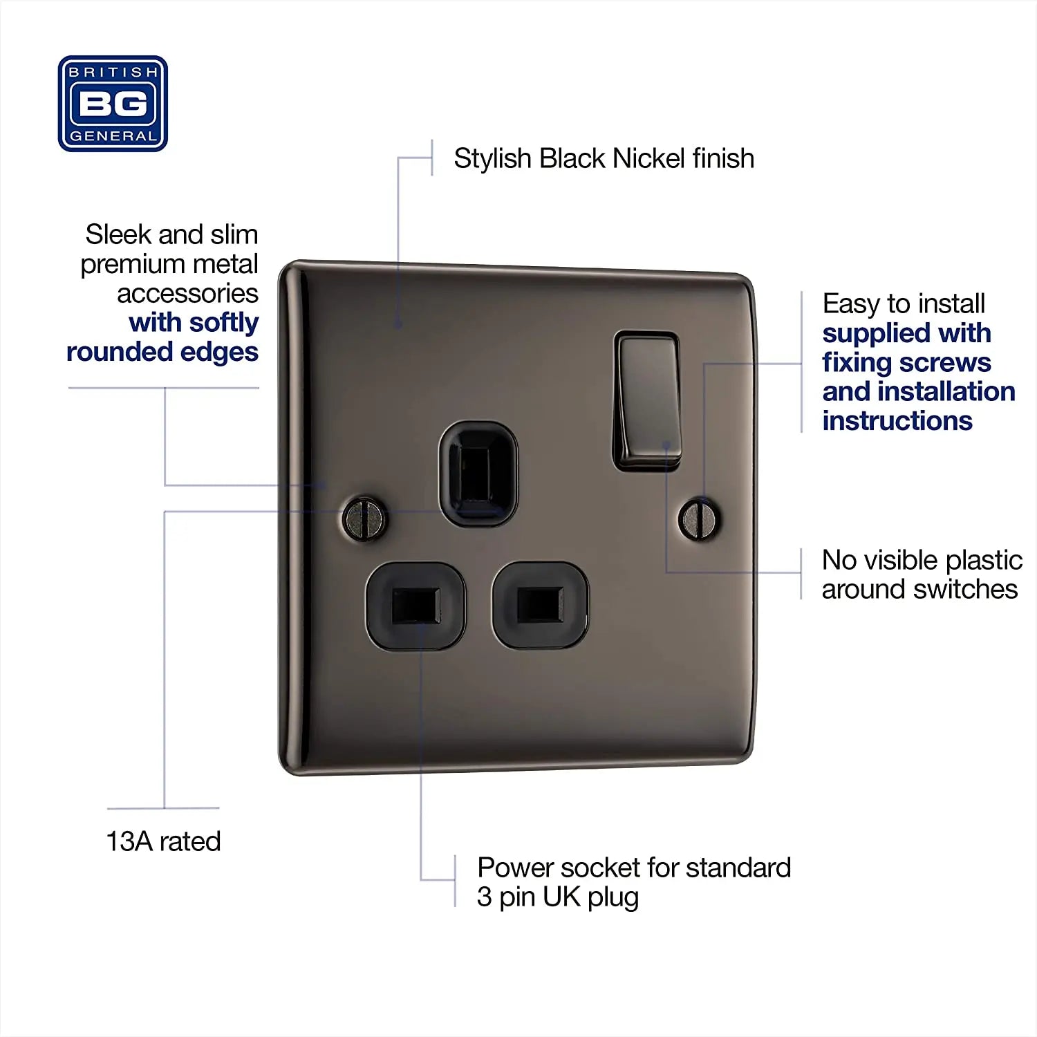 BG Nexus Metal Single Socket in Black Nickel with Black Inserts - NBN21B-01 BG (British General)