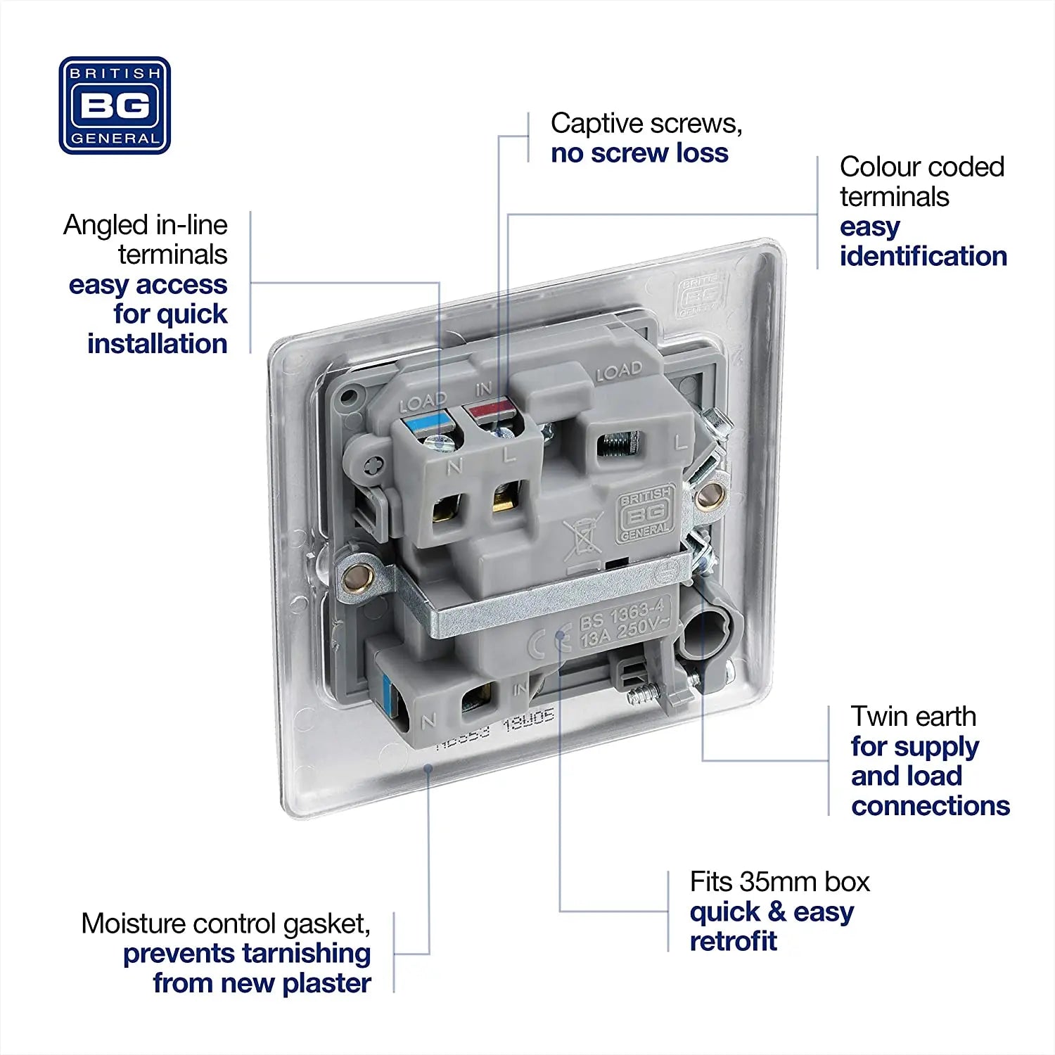 BG Nexus Metal Switched Fused Spur with Flex Outlet & Neon in Brushed Steel - NBS53-01 BG (British General)