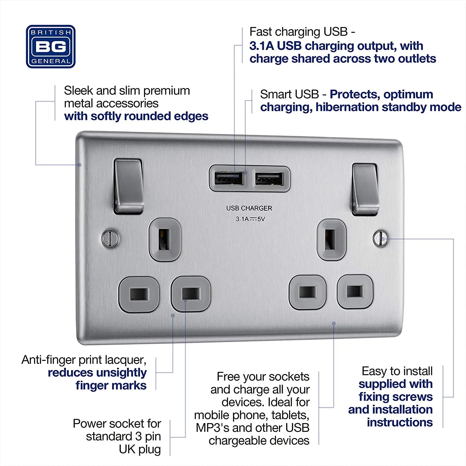 BG Nexus Metal USB Double Switched Fast Charging Power Socket with Two USB Charging Ports 13A in Brushed Steel with Grey Inserts - NBS22U3G BG (British General)